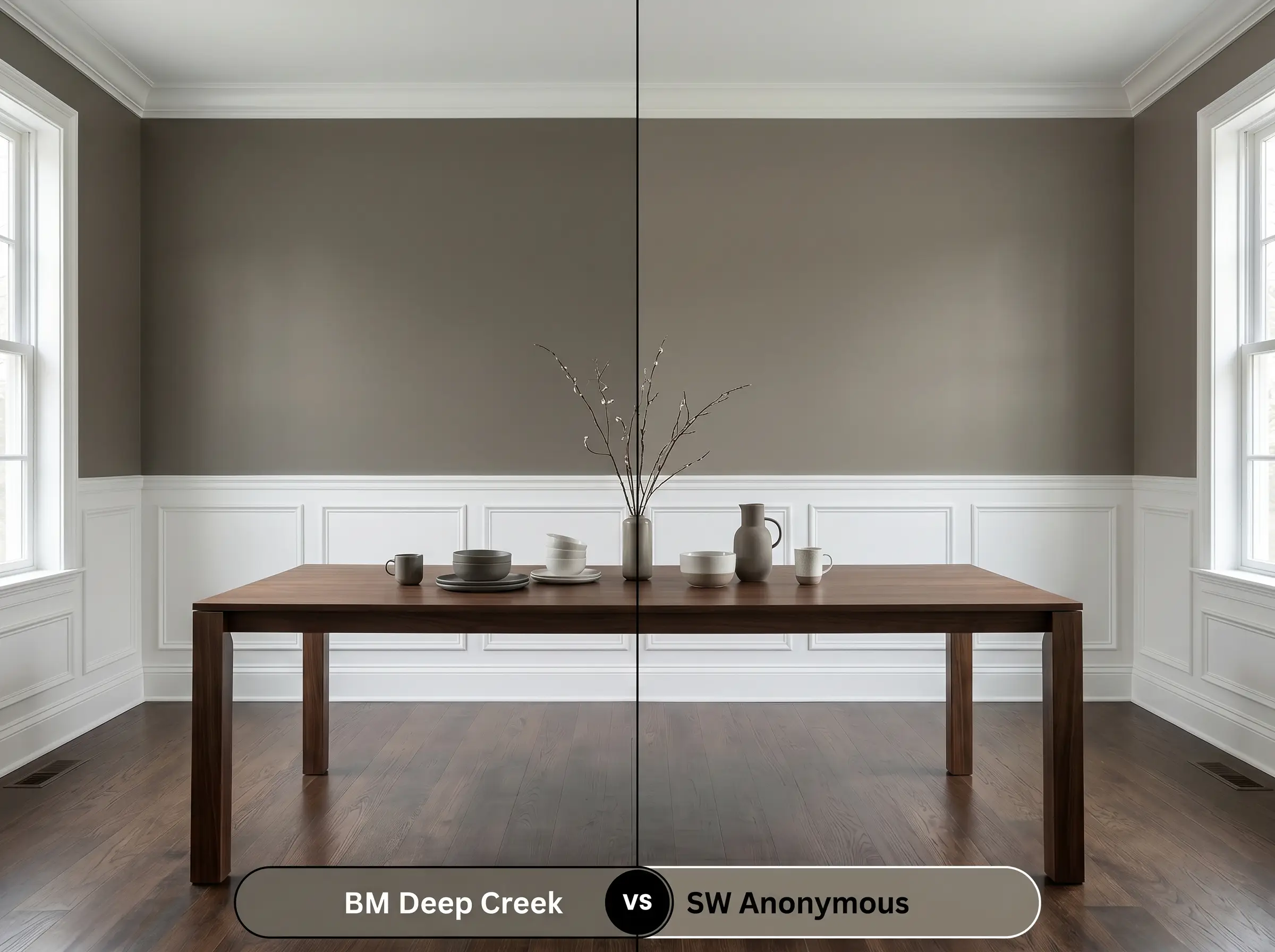 A side-by-side split-screen comparison of Benjamin Moore Deep Creek on the left and Sherwin-Williams Anonymous on the right, shown in a grand dining room.