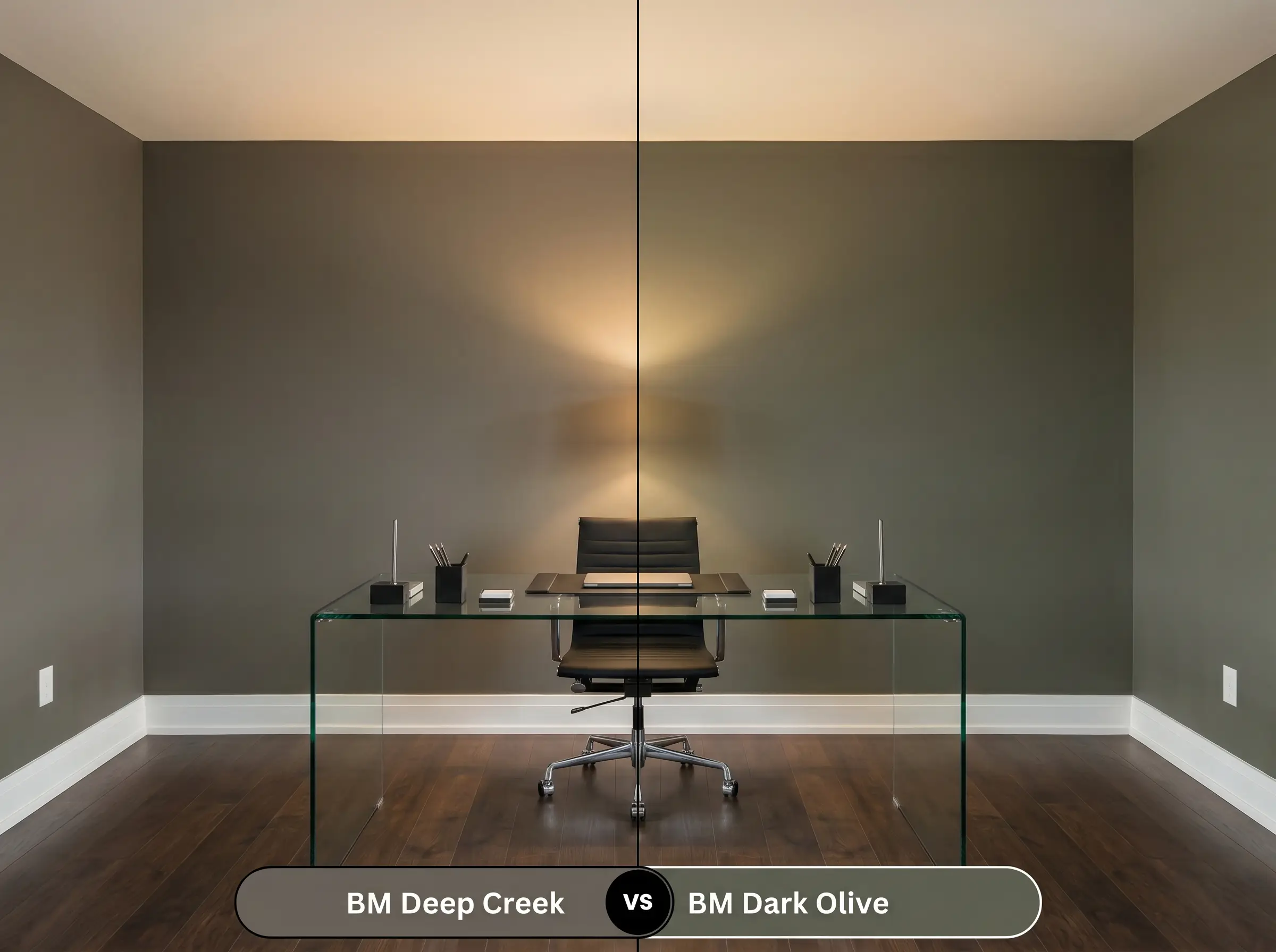 A side-by-side split-screen comparison of Benjamin Moore Deep Creek on the left and Benjamin Moore Dark Olive on the right, shown inside a home office.