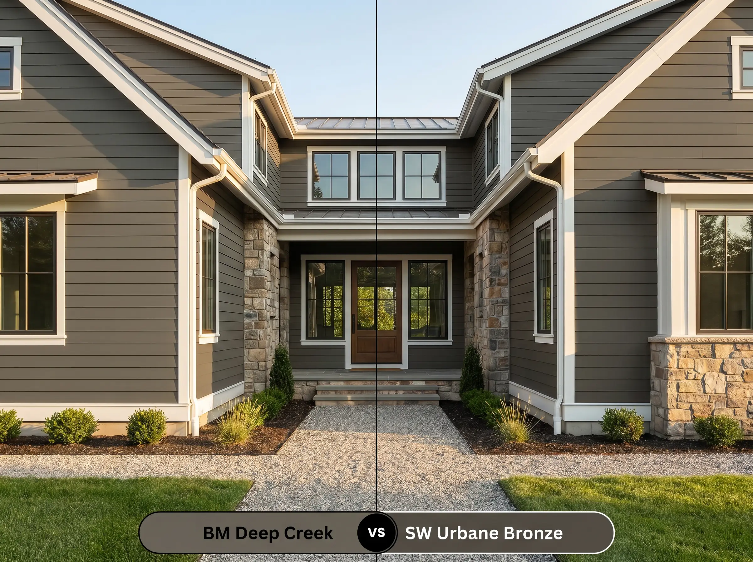 A side-by-side split-screen comparison of Benjamin Moore Deep Creek on the left and Sherwin-Williams Urbane Bronze on the right, shown on a modern rustic exterior.
