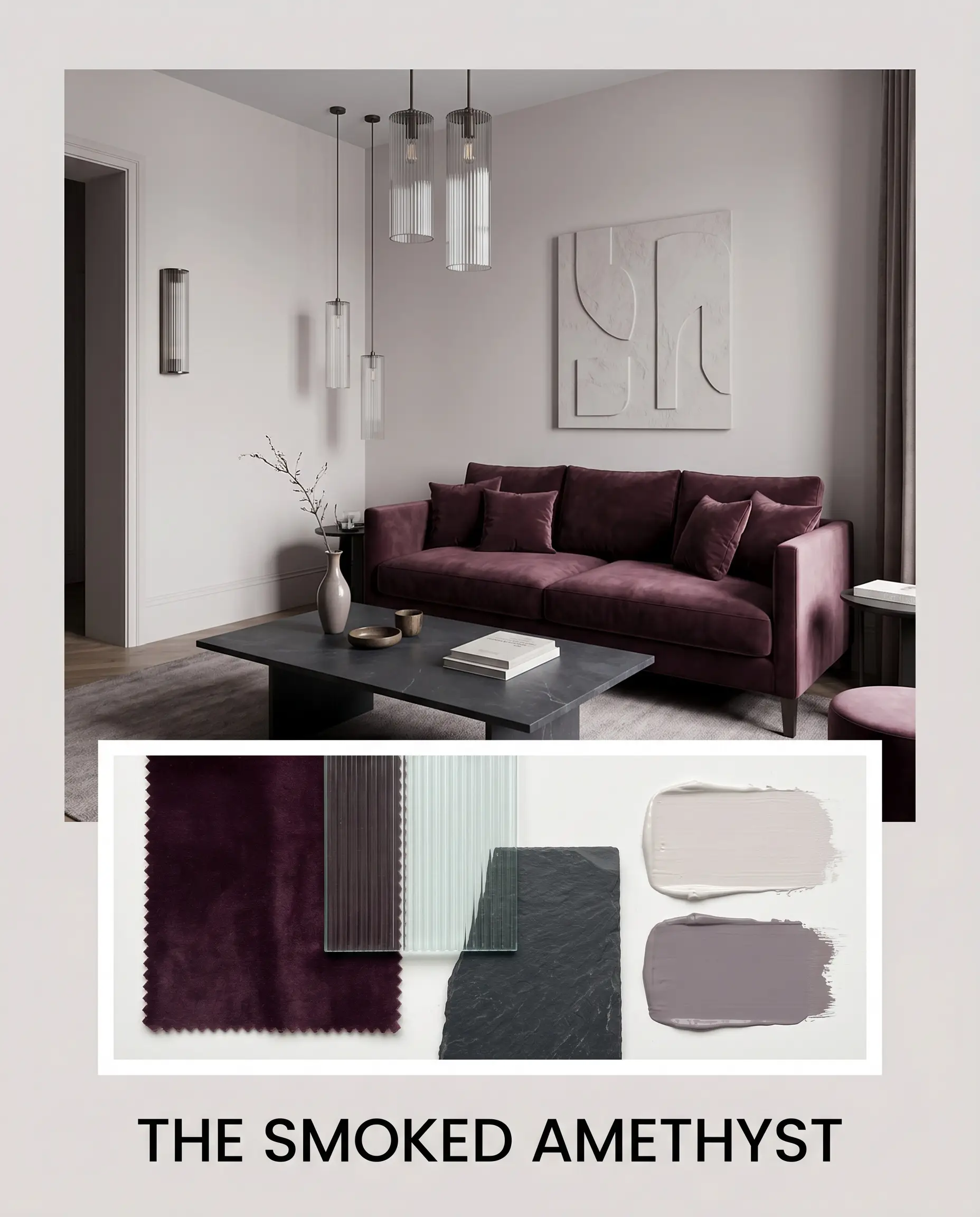 A deep plum velvet sofa and dark honed slate coffee table anchor an editorial concept board featuring matching physical material swatches against a mauve cast background.