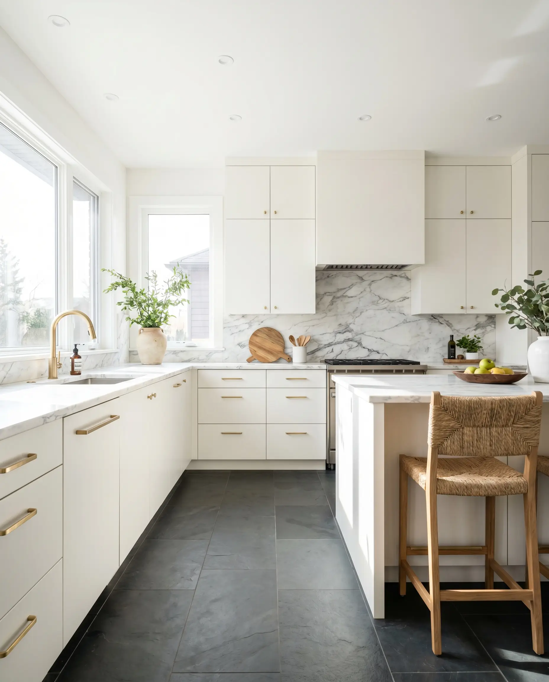 Flat-panel kitchen cabinets painted in PPG Delicate White (Hex #f1f2ee) contrast beautifully with honed slate floors, unlacquered brass hardware, and a heavily veined marble backsplash.