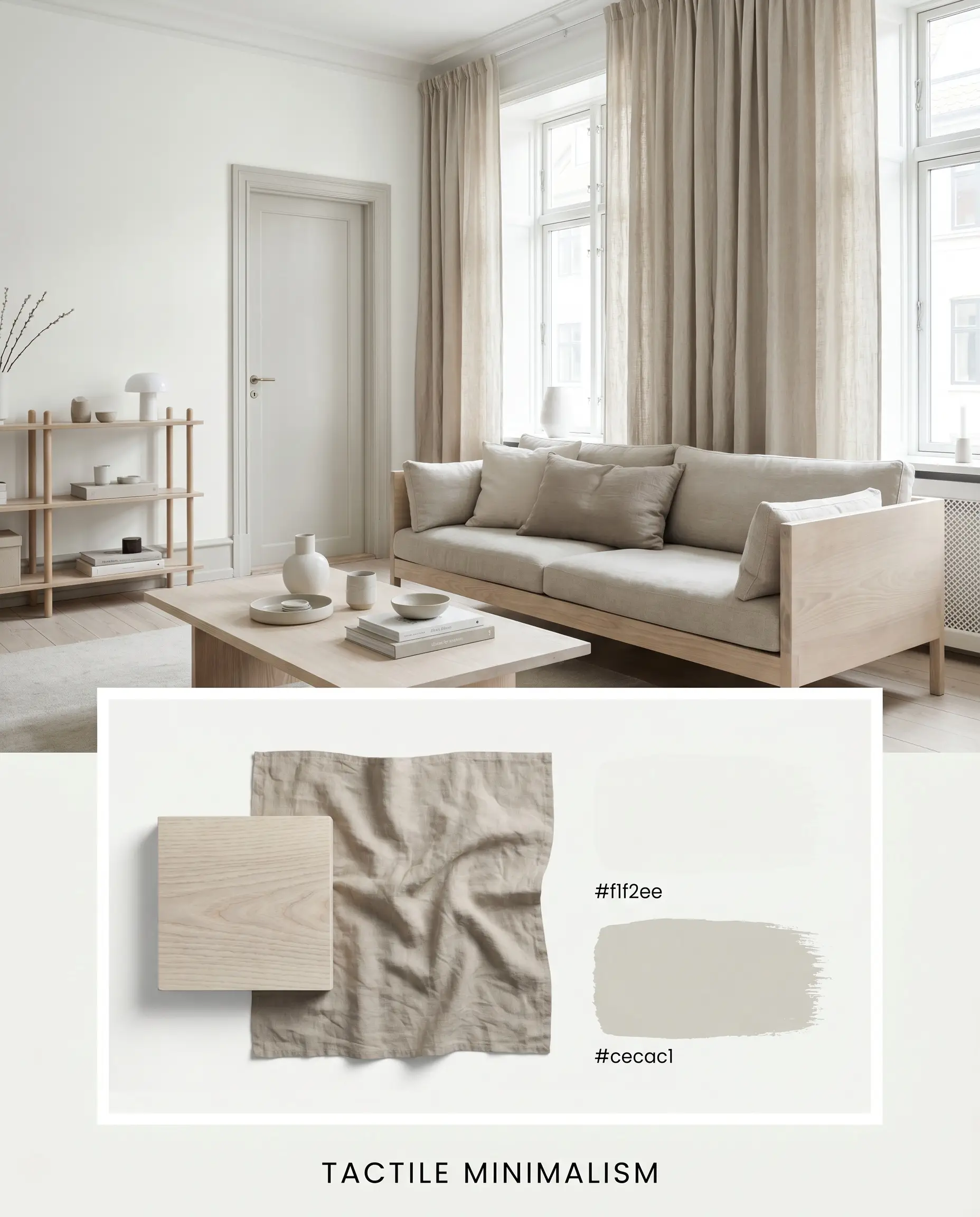 A tactile minimalism editorial board displays a serene living space above a flat-lay of bleached ash wood, stonewashed linen, and neutral white chromatic profile paint applications.