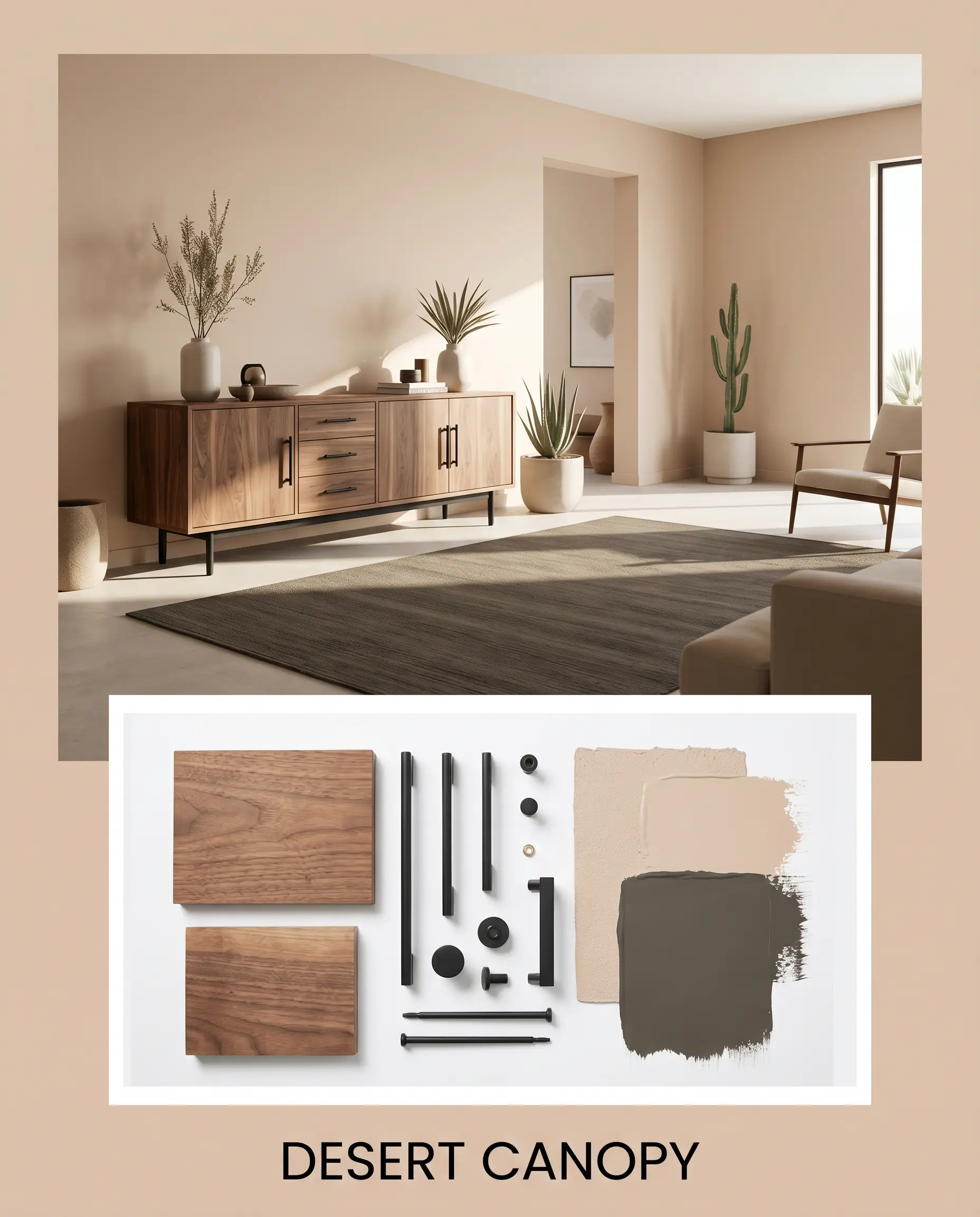 An editorial magazine layout features a desert-modern living room above a flat-lay of raw walnut wood samples, matte black iron hardware, and earthy tan paint textures.