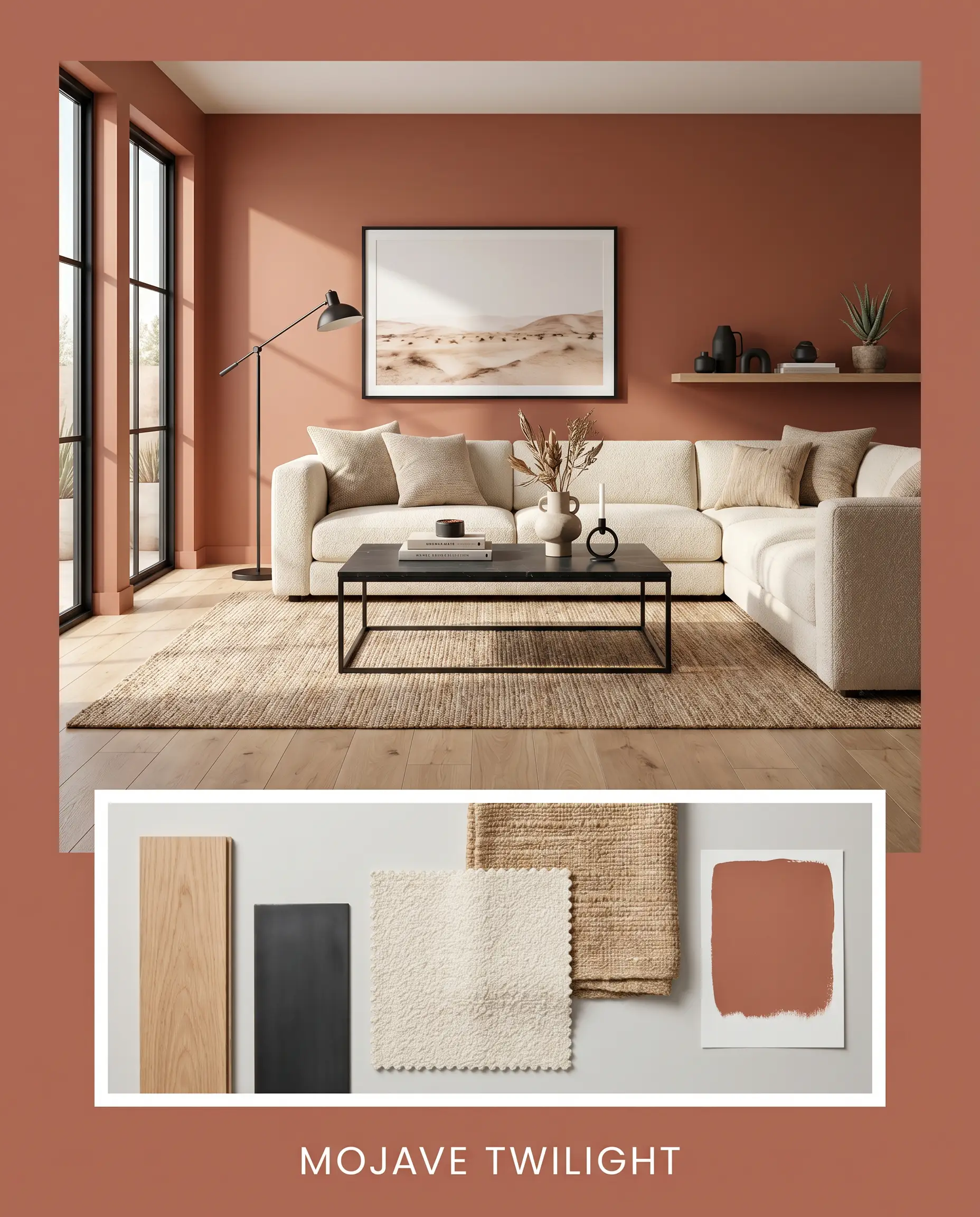 An editorial magazine layout showcases a desert modern living room painted in Benjamin Moore Baked Terra Cotta (Hex #B36957) above a flat-lay of white oak, matte black metal, and cream bouclé.