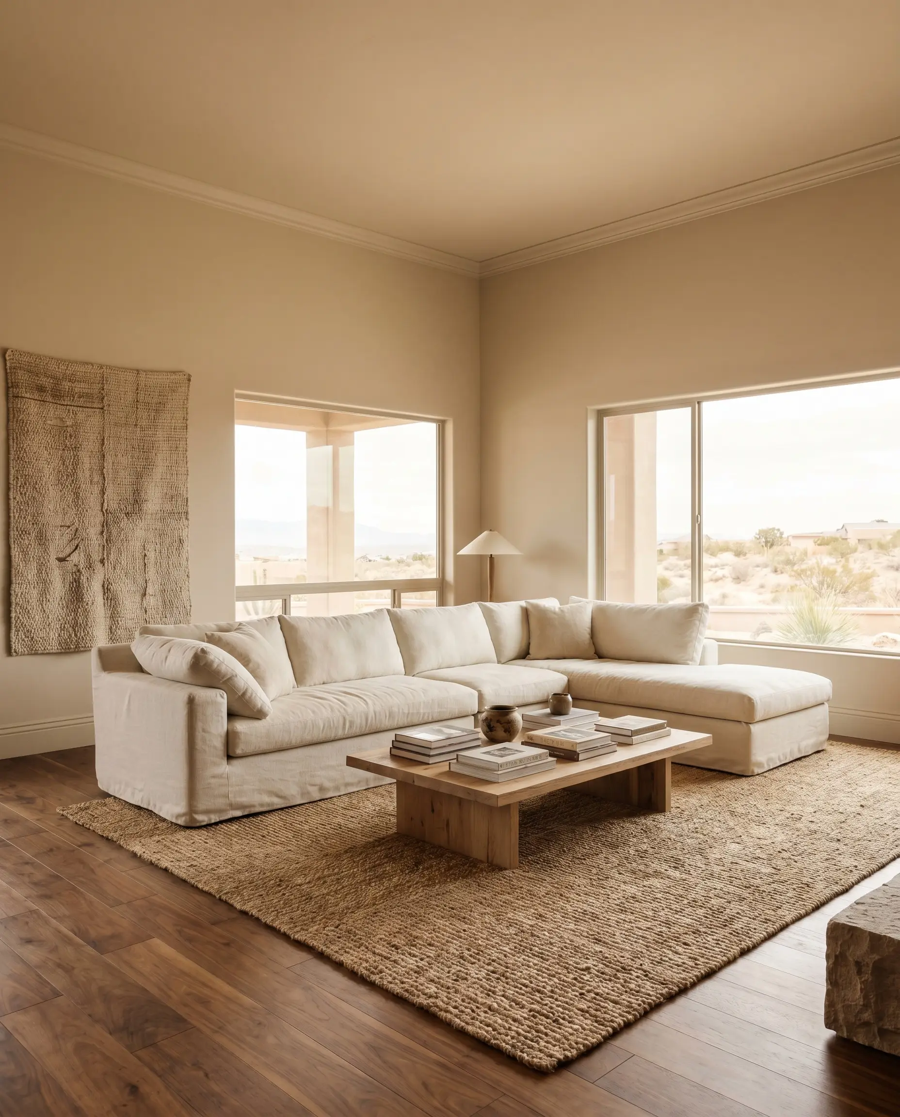 Tall walls and oversized baseboards feature a seamless earthy neutral wrap, anchoring a massive slipcovered linen sectional and heavily textured jute rug on walnut floors.