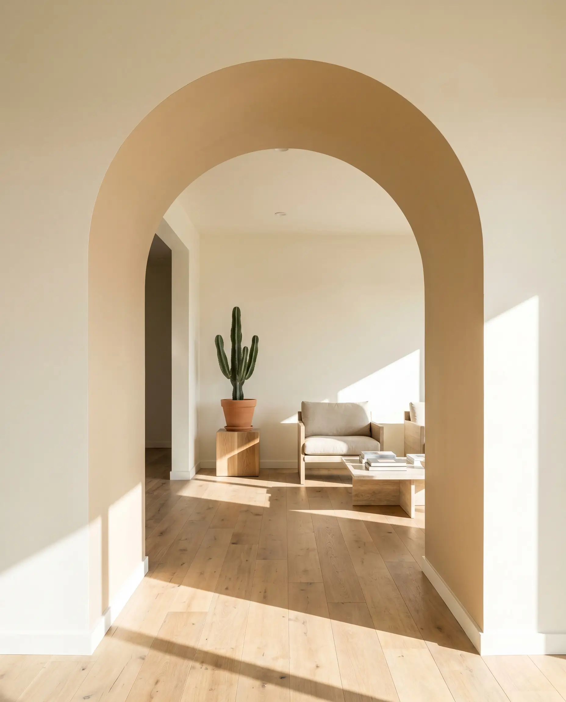 Raw oak flooring extends through an interior structural archway painted in PPG Soft Suede, framing a highly curated desert modern living space.