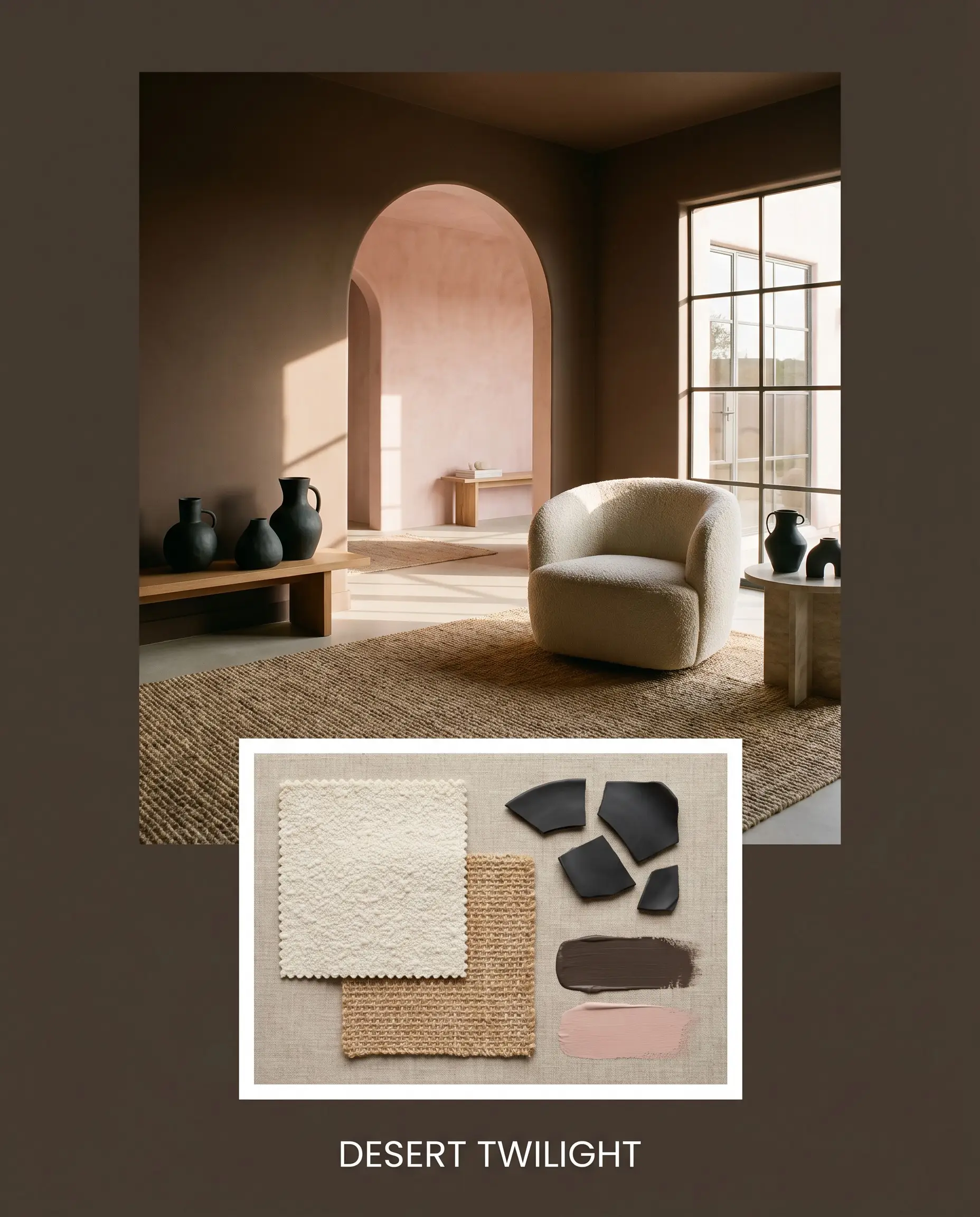 Nubby bouclé fabric, natural jute textiles, and matte black ceramic shards form a material flat-lay beneath an organic living space framed by earthy brown walls.