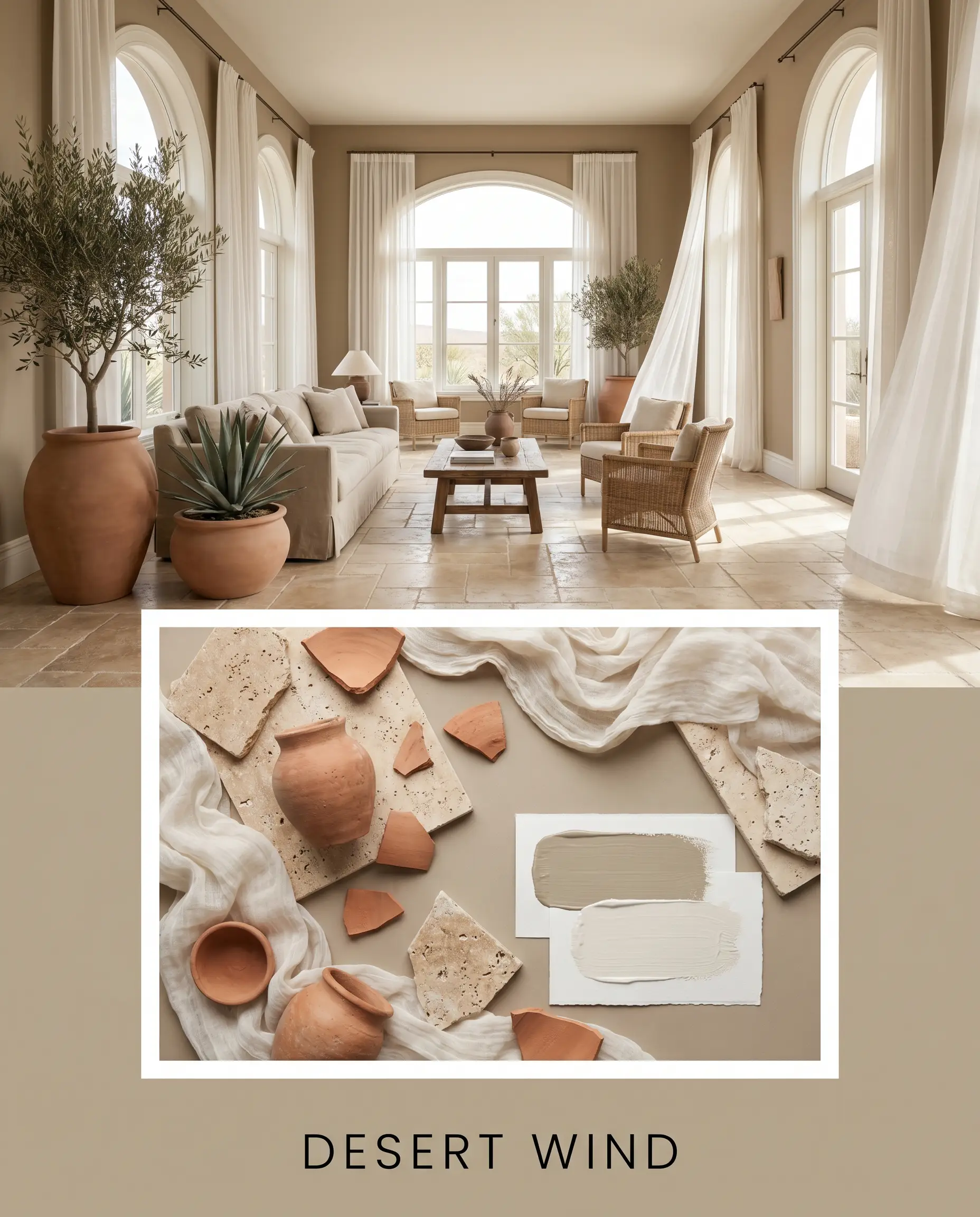 A desert wind concept board highlights Sherwin-Williams Universal Khaki (Hex #B8A992) alongside tumbled travertine flooring, matte terracotta shards, and lightweight gauzy cotton fabric.