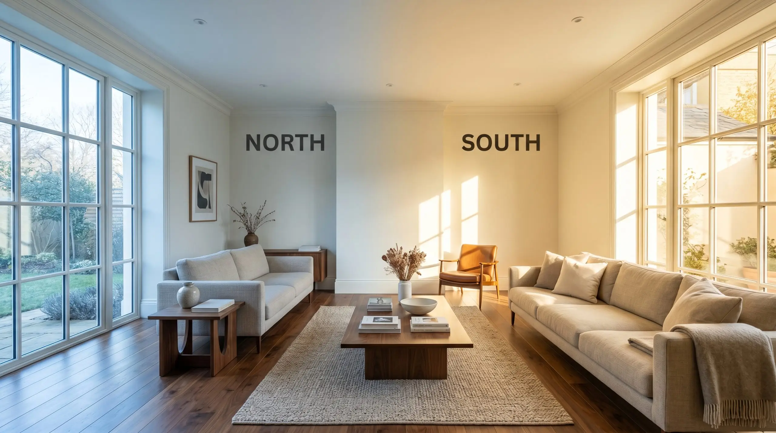 A neutral linen sofa sits in a minimalist living room painted Farrow & Ball Wimborne White (Hex #f4f2e7), shifting from icy northern diffuse light to warm golden southern exposure.