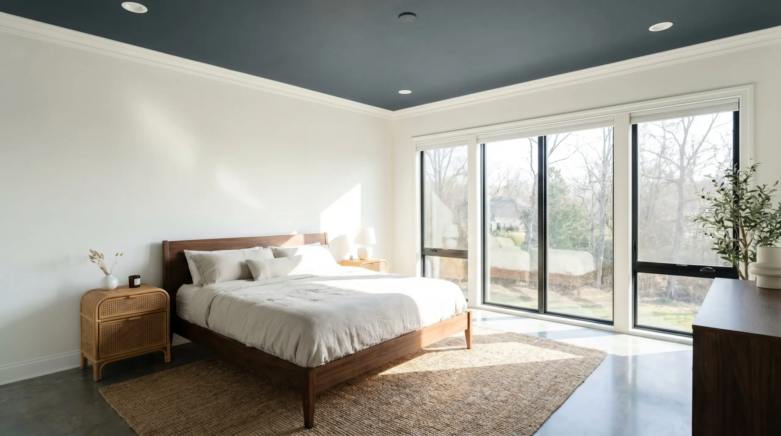 A primary bedroom showcases a dramatic ceiling painted in Behr Midnight Blue (Hex #4c565e), contrasting with crisp white walls, a medium-dark walnut bed frame, and woven rattan nightstands.