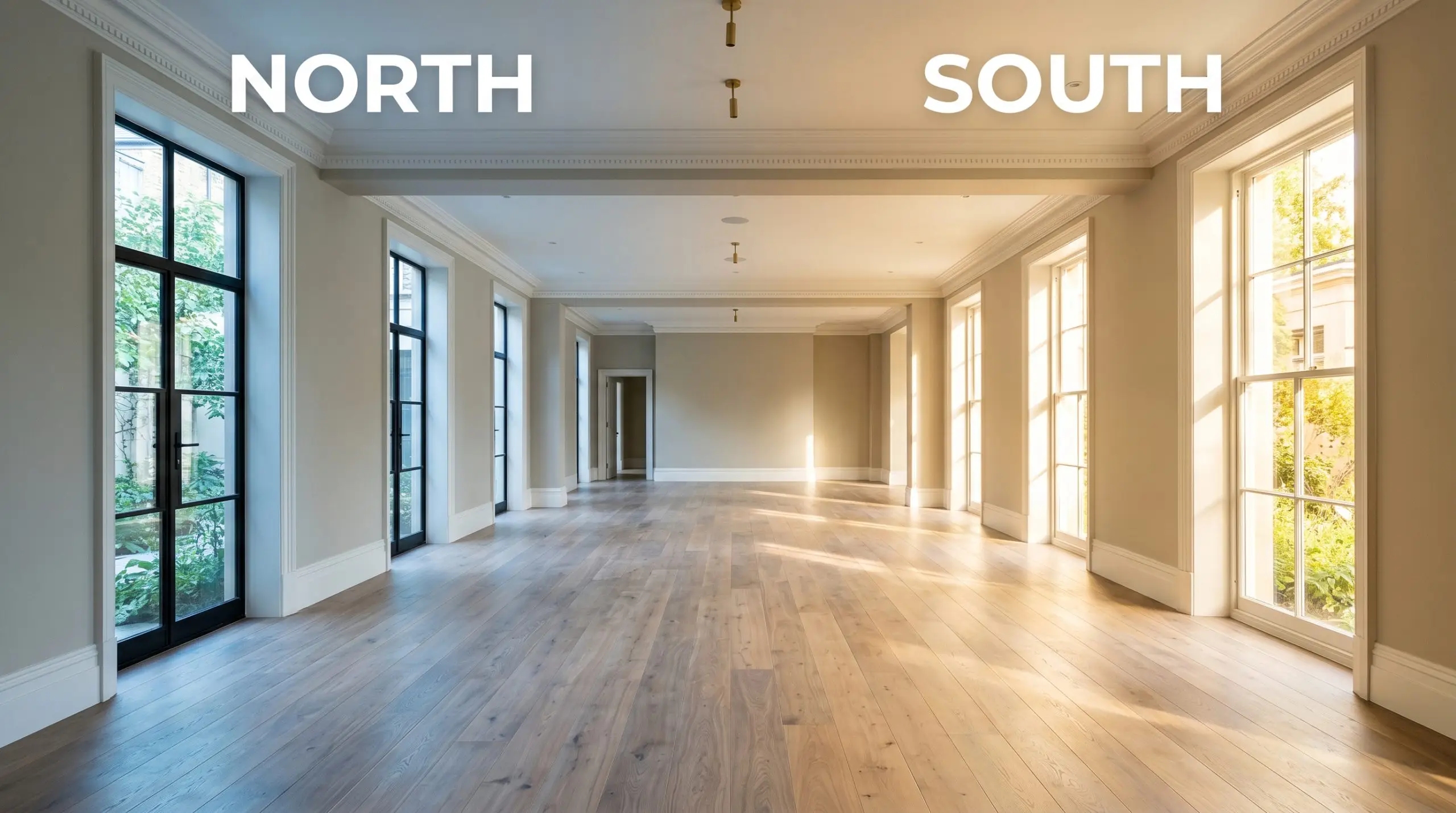 A continuous dining room shifts dramatically from a cool, flat greige in North-facing light to a warm, earthy taupe under South-facing exposure.