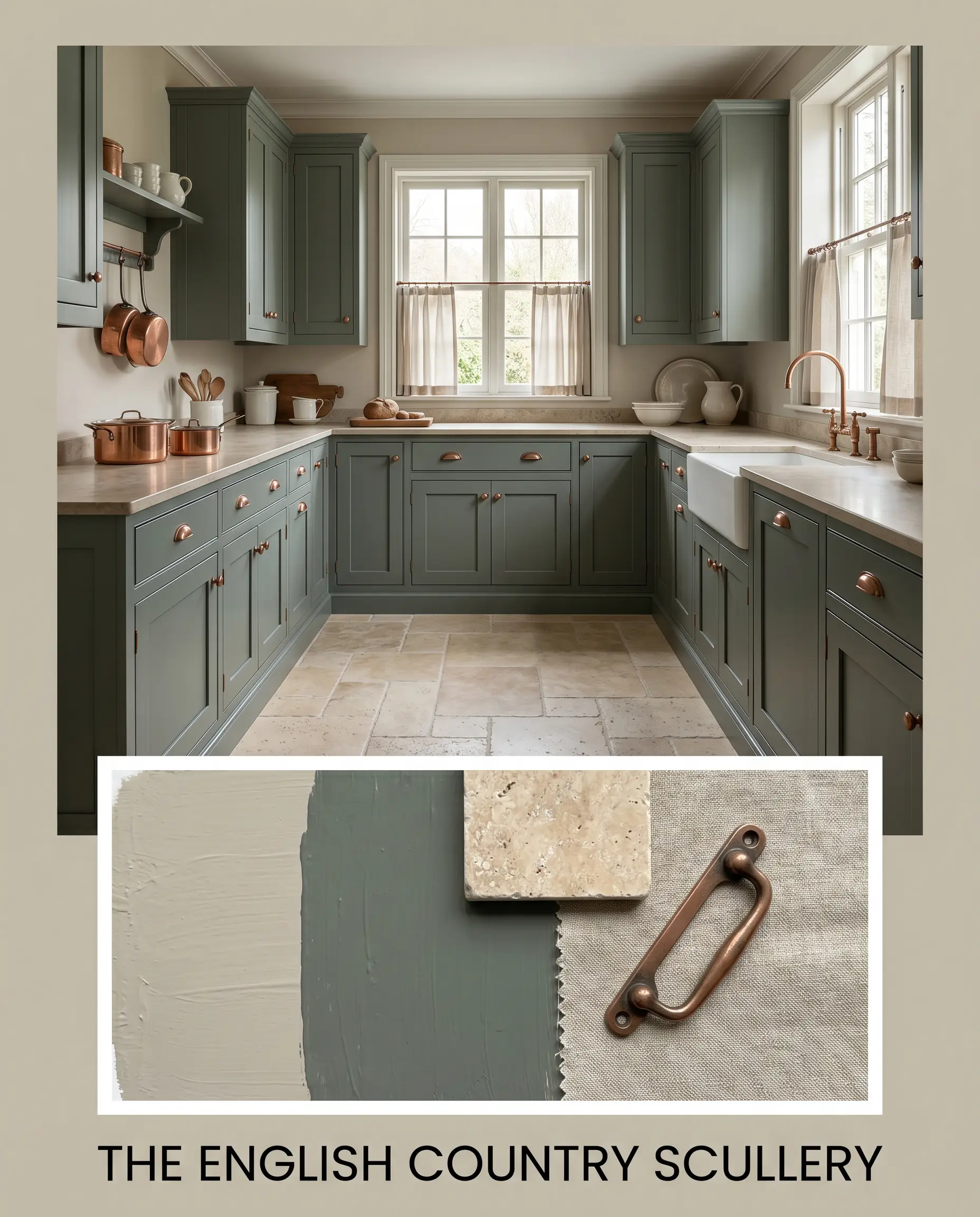 An editorial magazine layout features a photorealistic English Country scullery above a flat-lay of tumbled travertine, unlacquered copper, and linen fabric swatches.