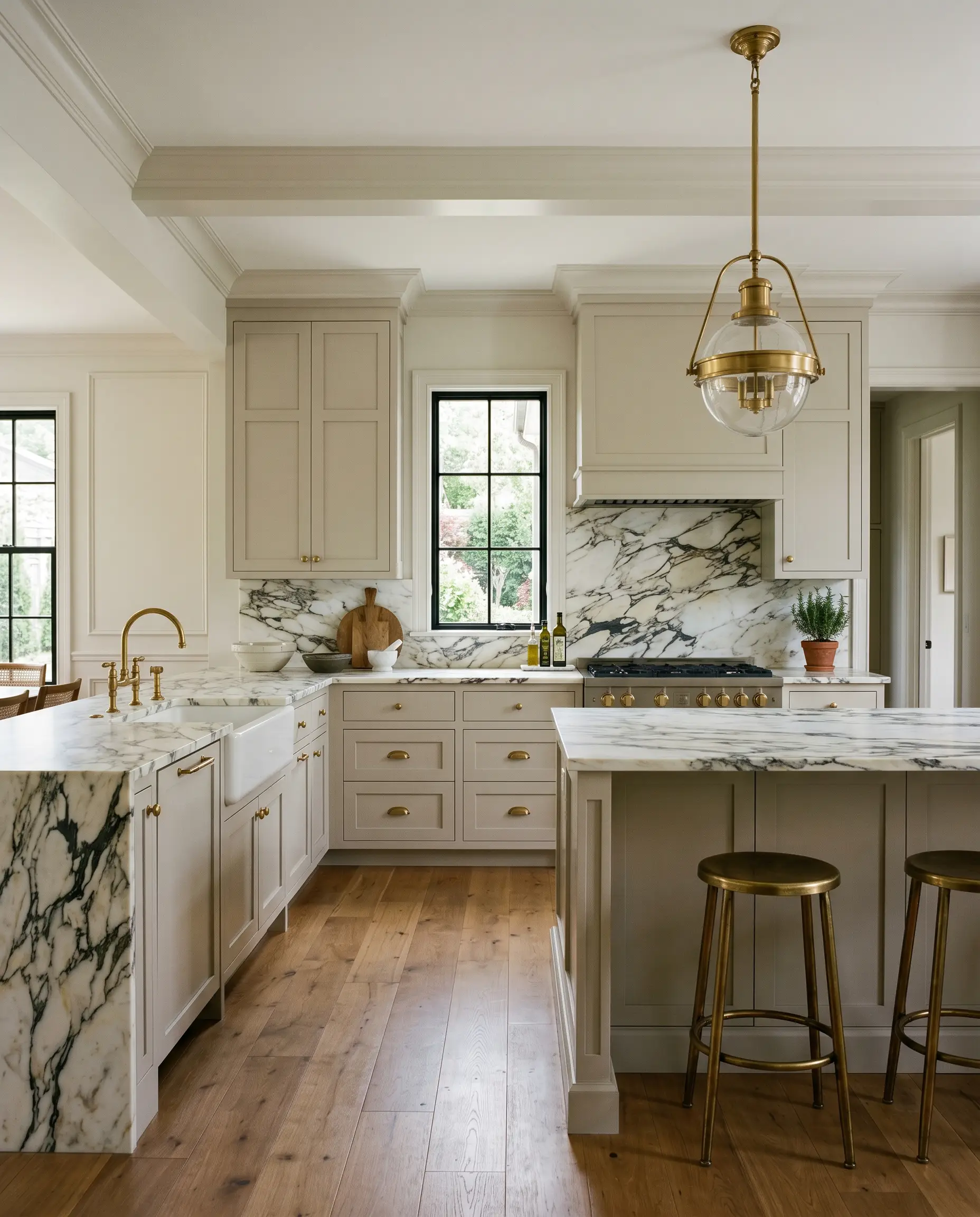 High-end kitchen cabinetry painted in Farrow & Ball Drop Cloth (Hex #c5bdac) pairs with heavily veined marble countertops and unlacquered brass hardware.