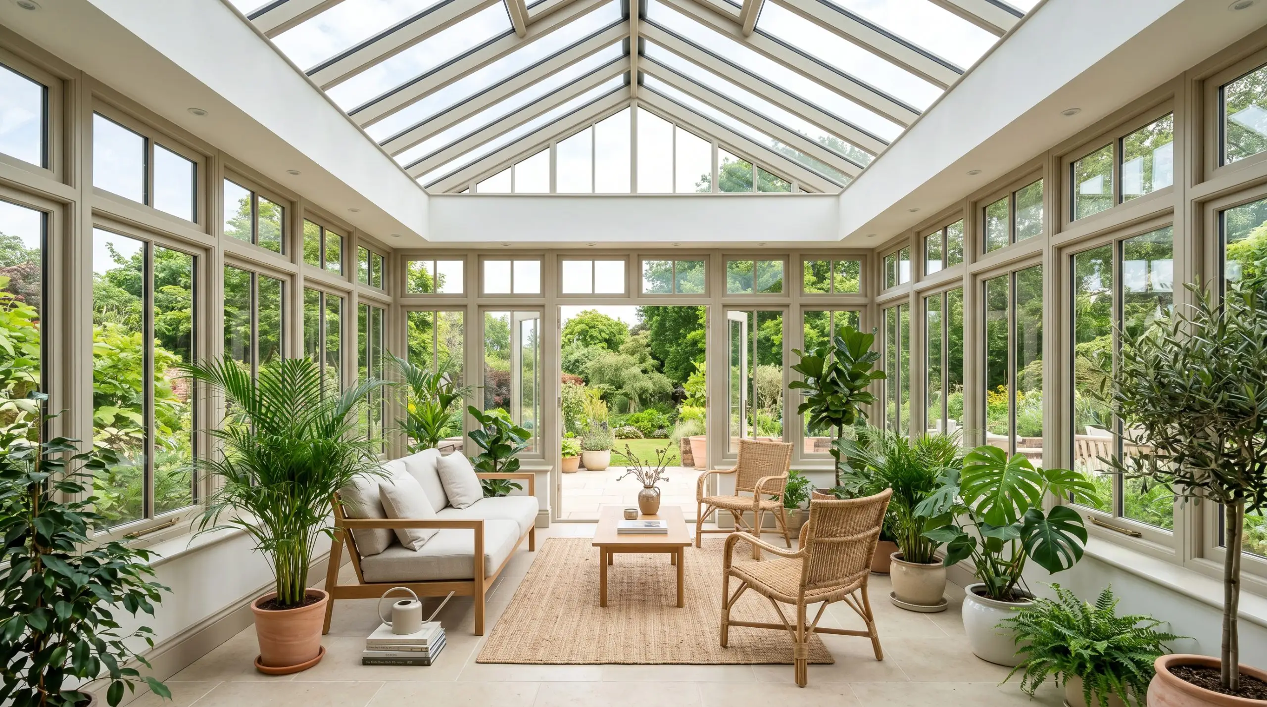 Crisp white walls contrast with earthy taupe window sashes, mullions, and baseboards in a bright botanical sunroom overlooking lush greenery.