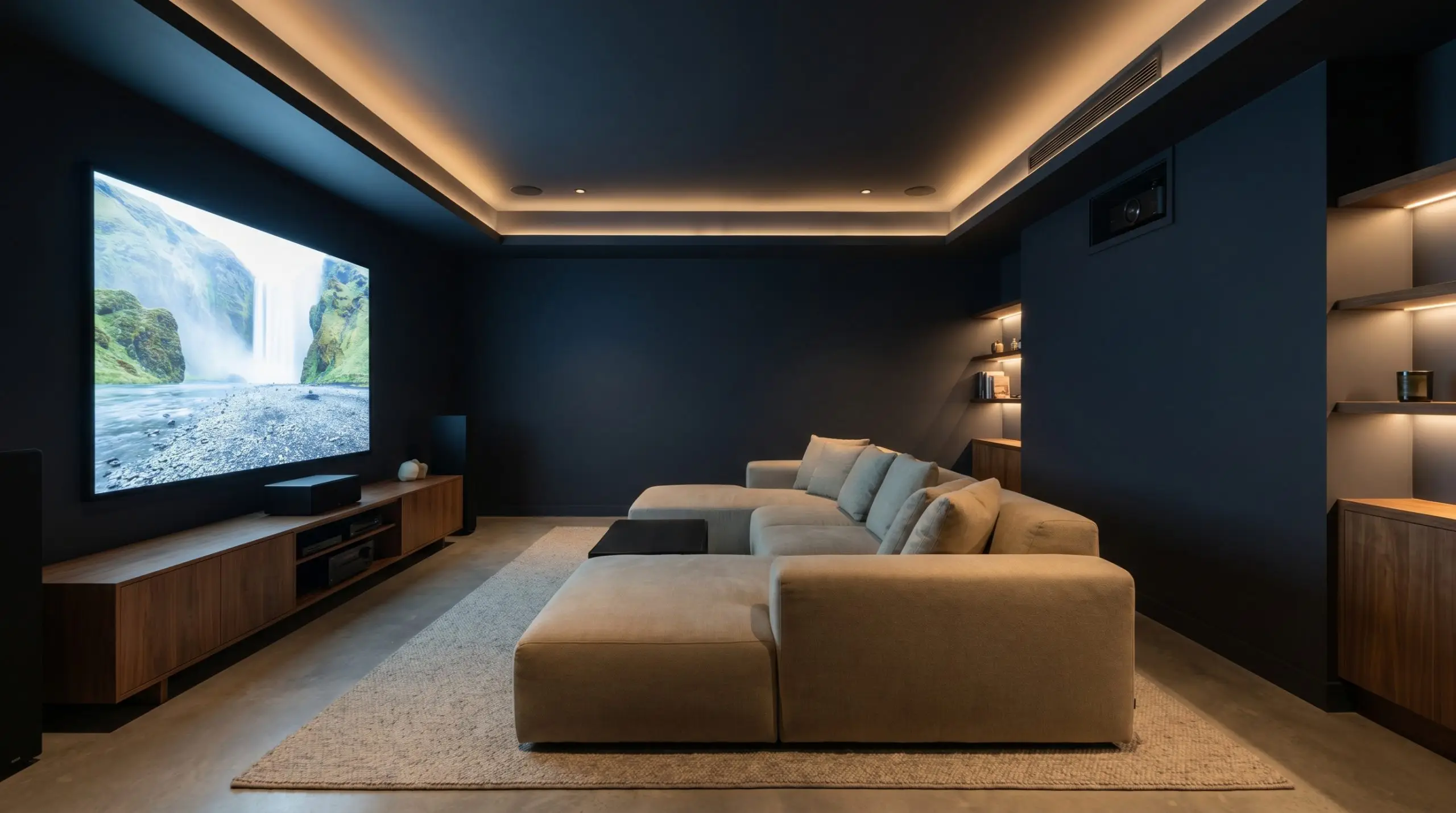 An immersive media room painted in Dulux 66BB 06/077 (Hex #2C3241) features a muted oat low-profile sectional and an oiled walnut media console.