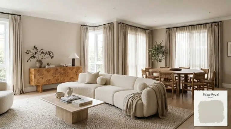 An oversized bouclé sectional and a honed travertine coffee table anchor an open-plan living space painted in Dulux Beige Royal (Hex #cfc7b8).