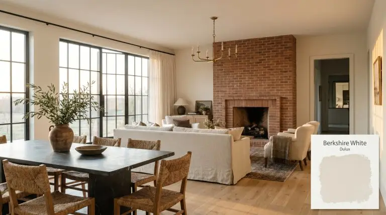 An unlacquered brass chandelier hangs above a honed soapstone dining table in a vast open-plan space painted in Dulux Berkshire White (Hex #f3eedf).