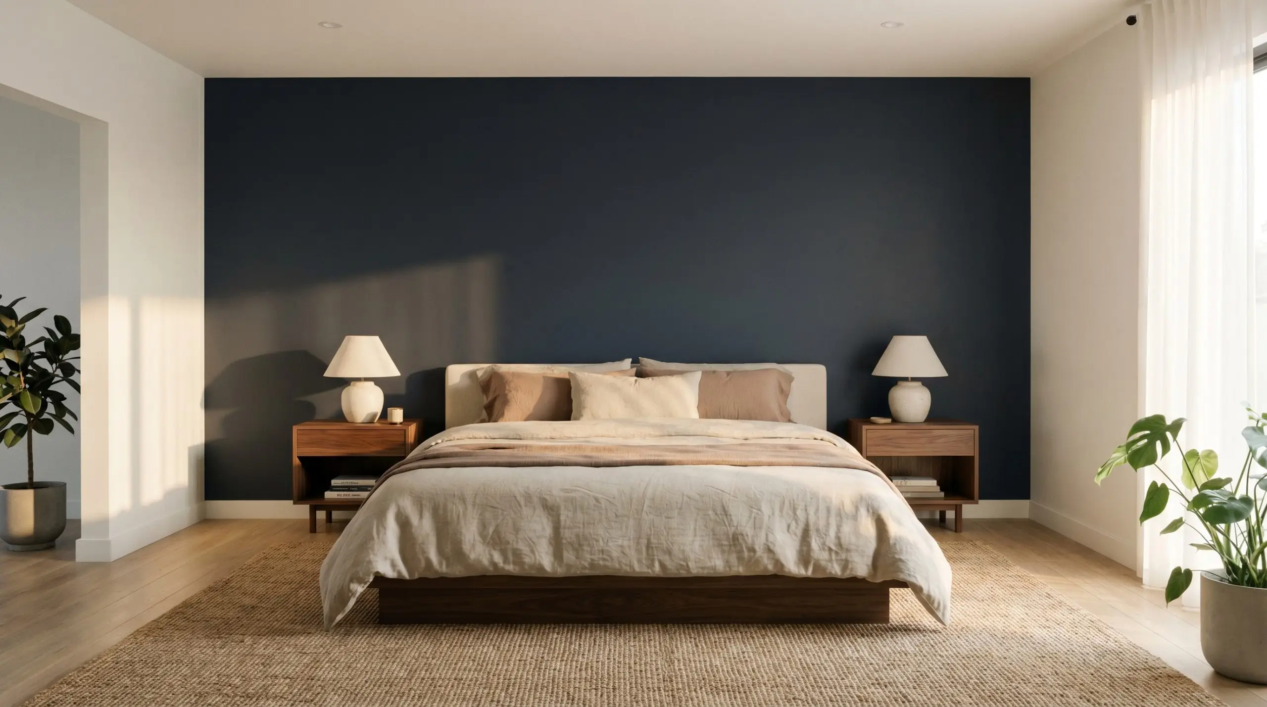 A serene bedroom features an accent wall painted in Dulux Black Opal (Hex #2C3241), washed linen bedding, and oiled walnut nightstands.
