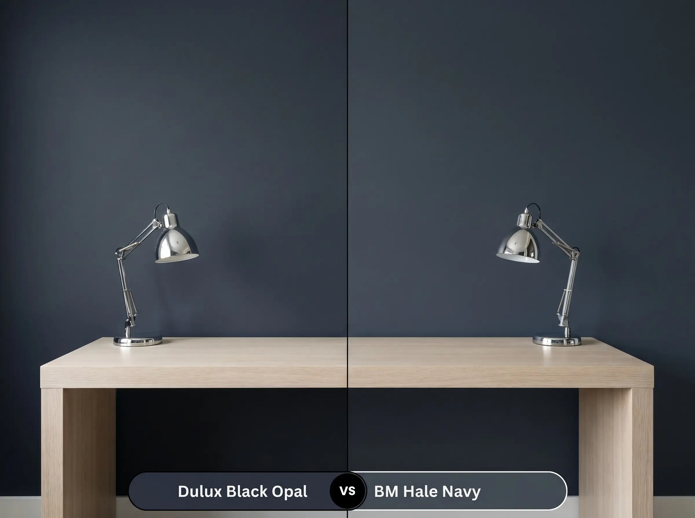 A side-by-side split-screen comparison of Dulux Black Opal on the left and Benjamin Moore Hale Navy on the right, shown in a modern home office with a bleached oak desk.