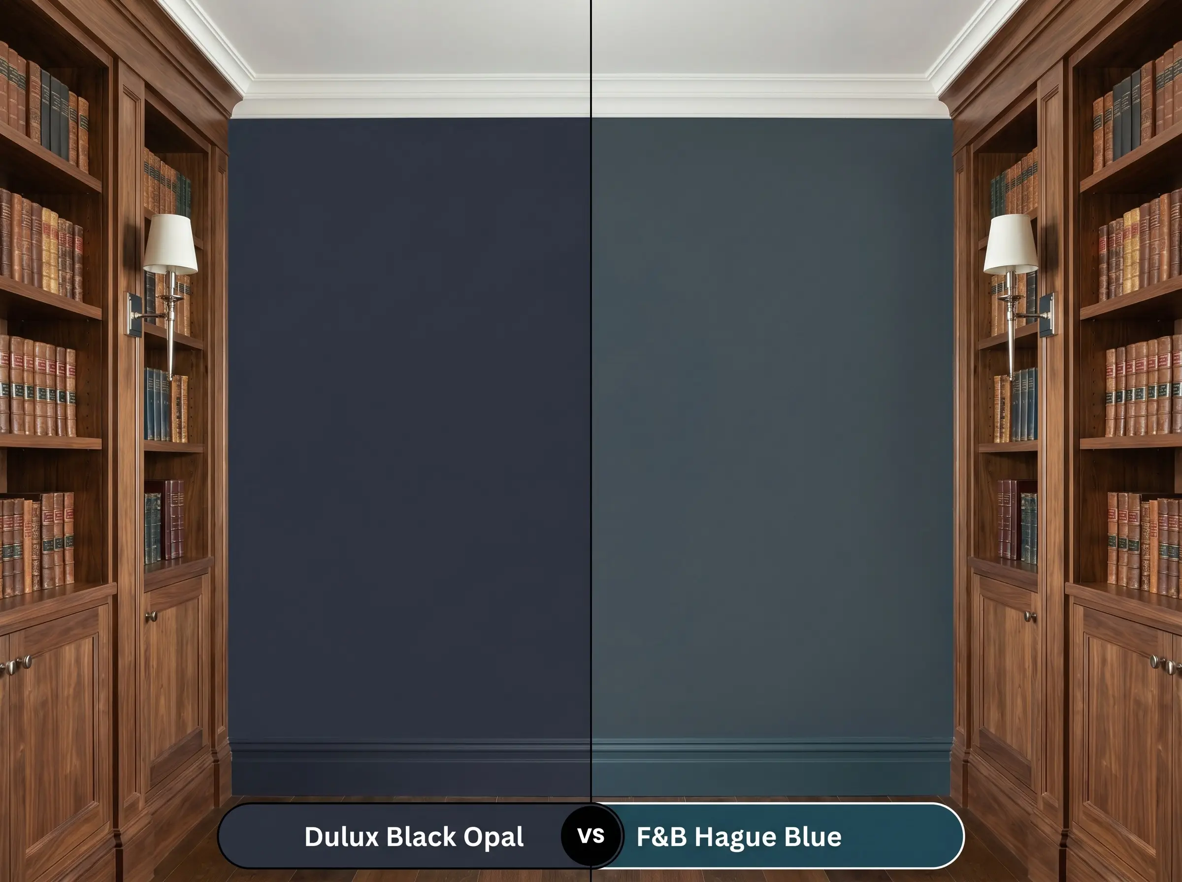A side-by-side split-screen comparison of Dulux Black Opal on the left and Farrow & Ball Hague Blue on the right, shown in a formal library with oiled walnut bookshelves.