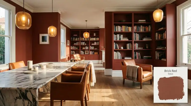 Custom built-in bookshelves painted in Dulux Brick Red (Hex #8B4633) anchor an open-plan heritage dining space featuring a deeply veined marble table and cognac leather armchairs.