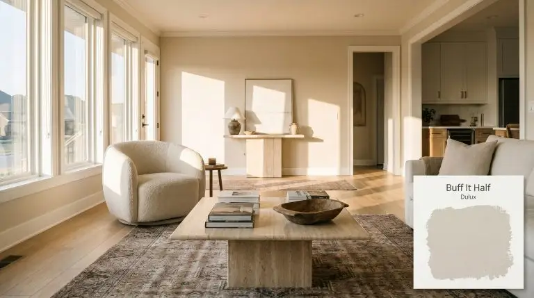 A travertine plinth coffee table and tactile boucle swivel chair anchor an open-plan living room painted in Dulux Buff It Half (Hex #e3dacc).
