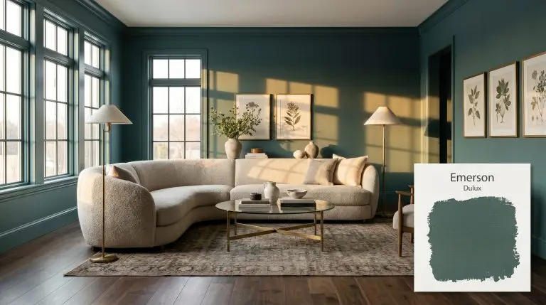 A curved oatmeal bouclé sofa and unlacquered brass accents sit within a grand transitional living room painted in Dulux Emerson (Hex #3e6057).