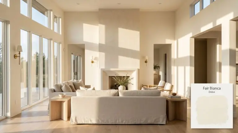 A slipcovered washed linen sofa and pale white oak side tables sit in an expansive open-plan living room painted in Dulux Fair Bianca (Hex #f8f3e6).