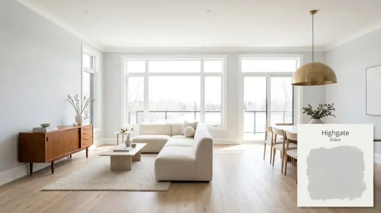 A soft minimalist open-concept living space features walls painted in Dulux Highgate (Hex #d9dddf), wide-plank white oak flooring, and a low-profile boucle sectional.