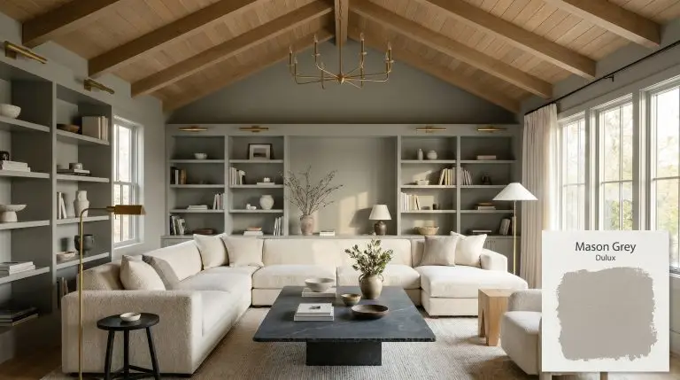 An ultimate organic modern living space features built-in bookcases painted in Dulux Mason Grey (Hex #a6a5a1), an oversized bouclé sectional, and a honed slate coffee table.