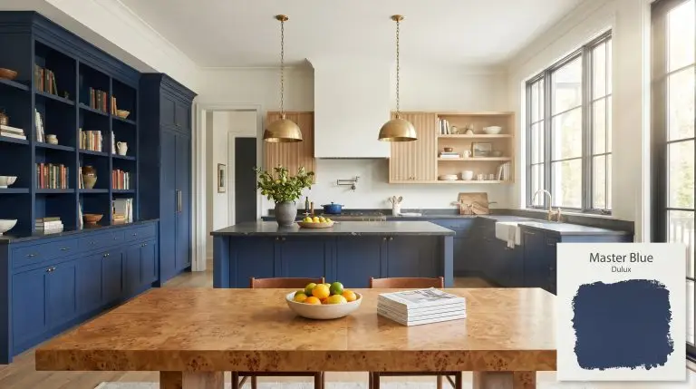 Expansive lower cabinetry painted in Dulux Master Blue (Hex #27365f) anchors a transitional kitchen featuring honed soapstone countertops and a rich burl wood dining table.
