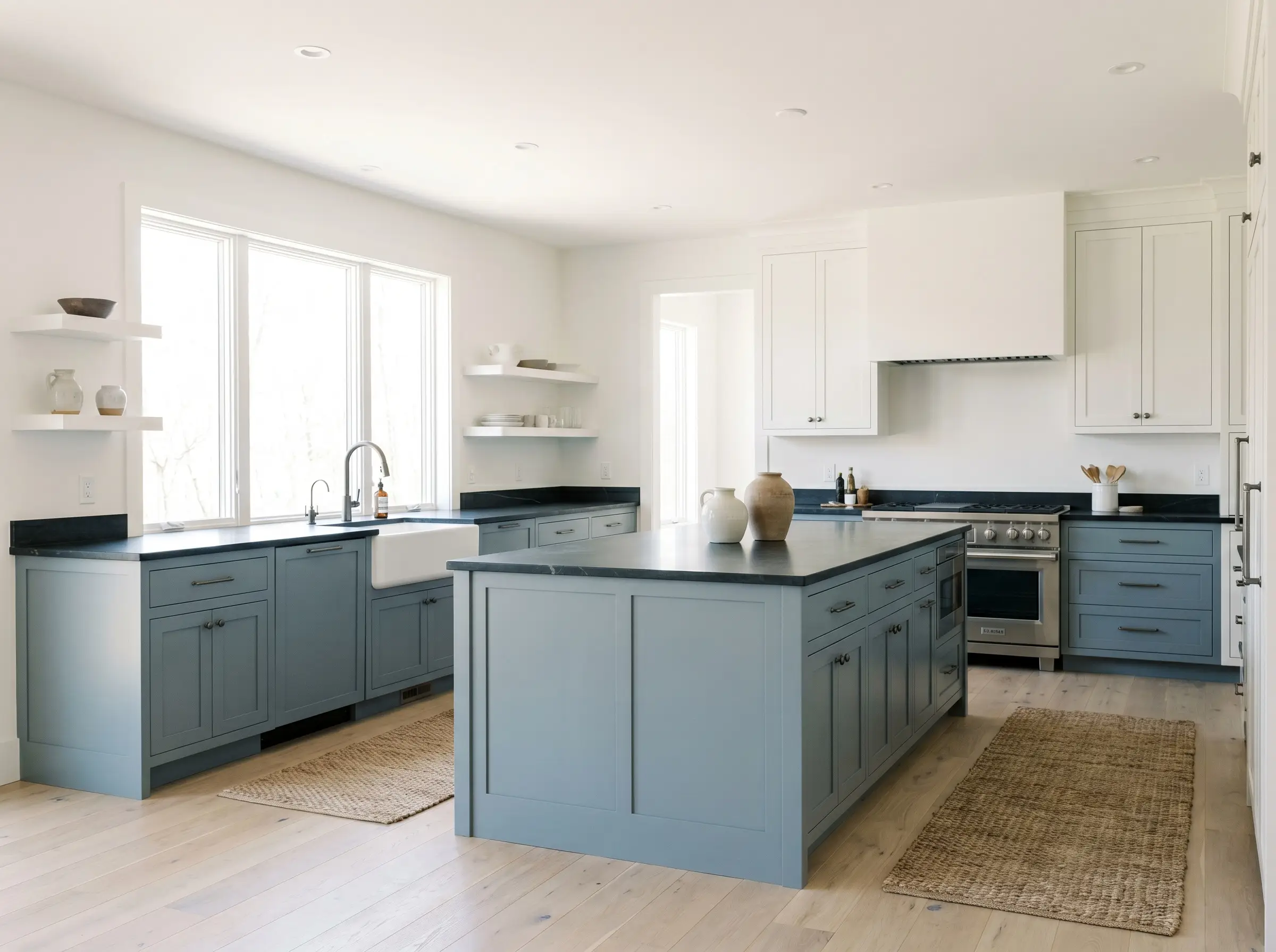 Deeply honed soapstone countertops and brushed gunmetal fixtures top a powdery mid-tone blue central island and lower base cabinets in a transitional farmhouse kitchen.