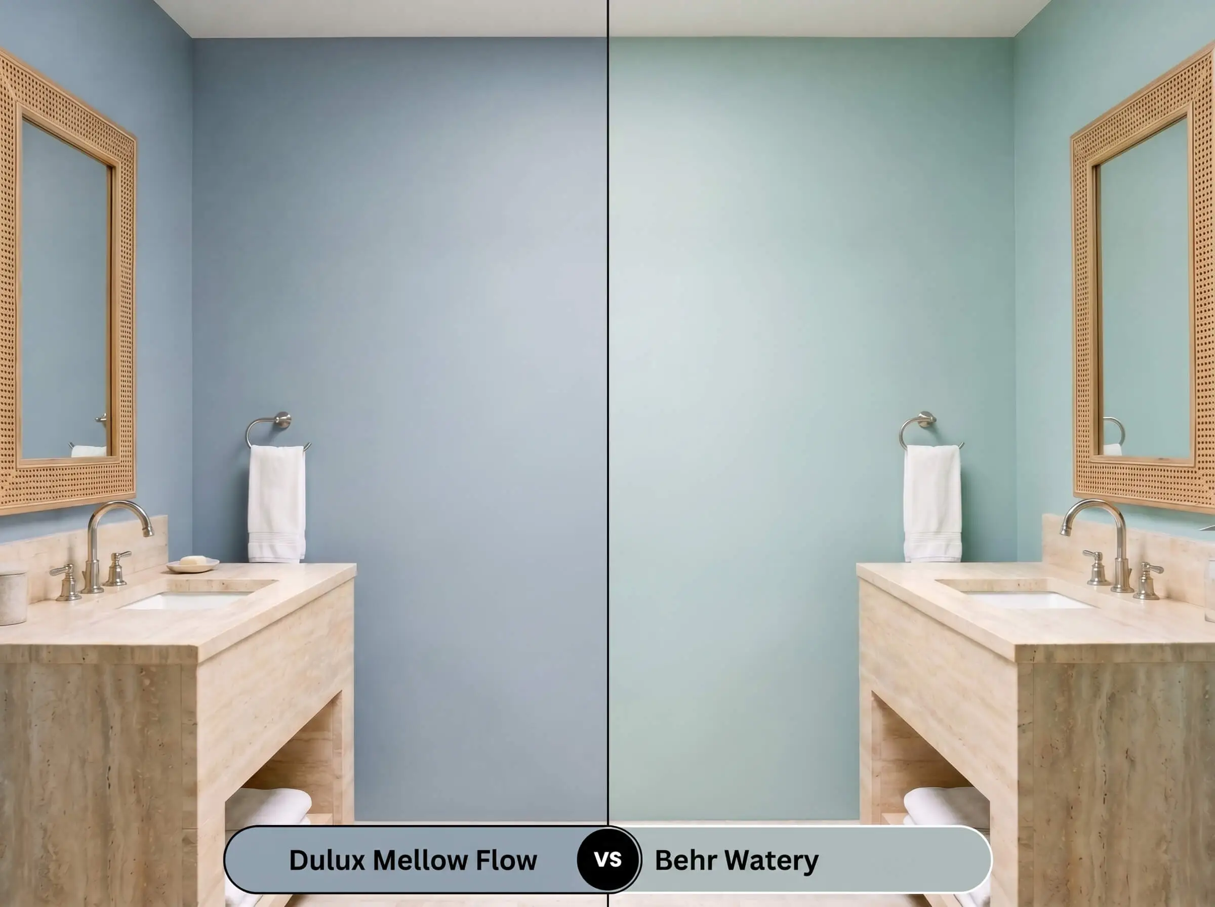 A side-by-side split-screen comparison of Dulux Mellow Flow on the left and Behr Watery on the right, shown in a spa-like bathroom featuring a tumbled travertine vanity.