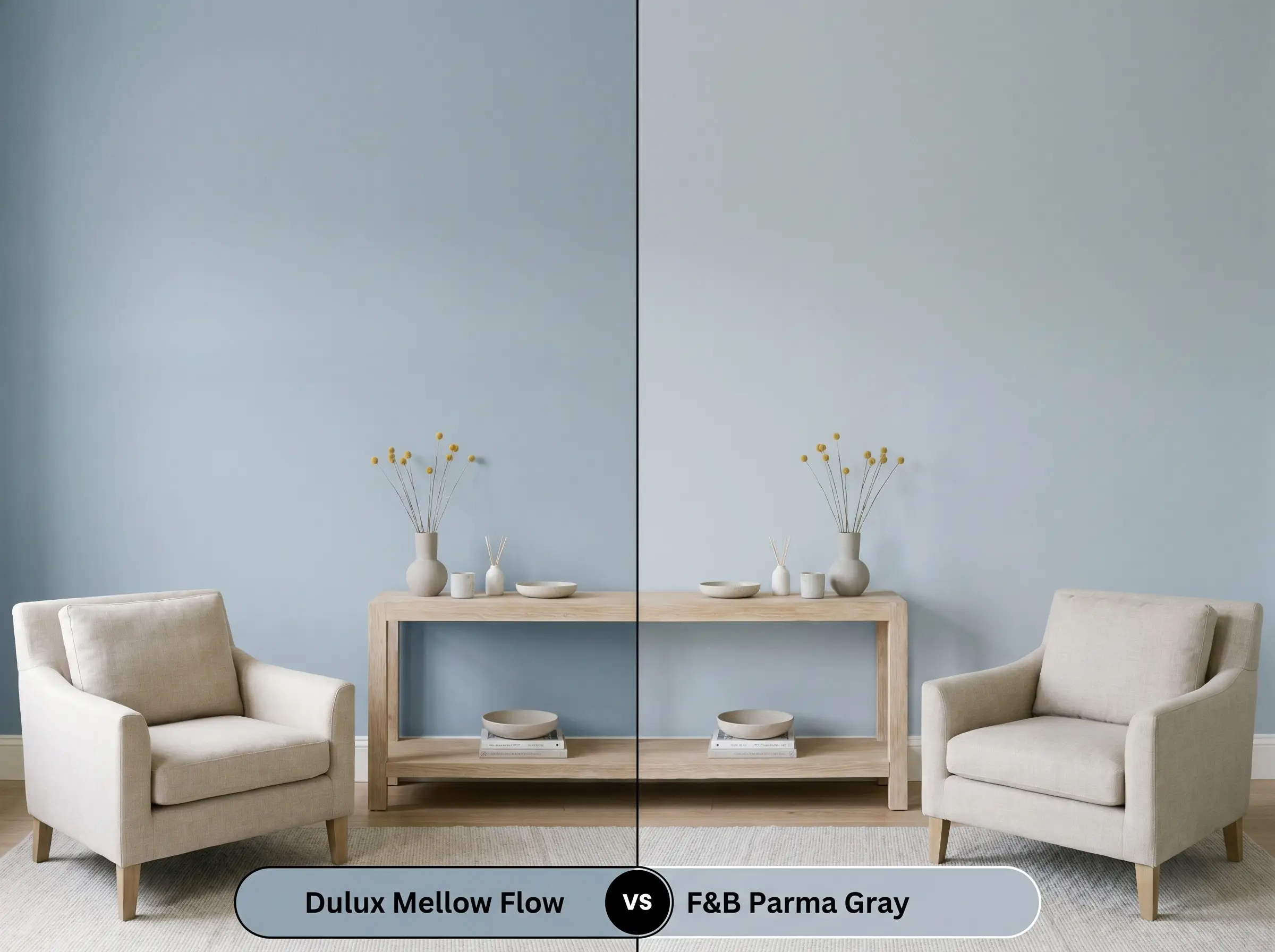 A side-by-side split-screen comparison of Dulux Mellow Flow on the left and Farrow & Ball Parma Gray on the right, shown in a contemporary living room with a bleached oak console.