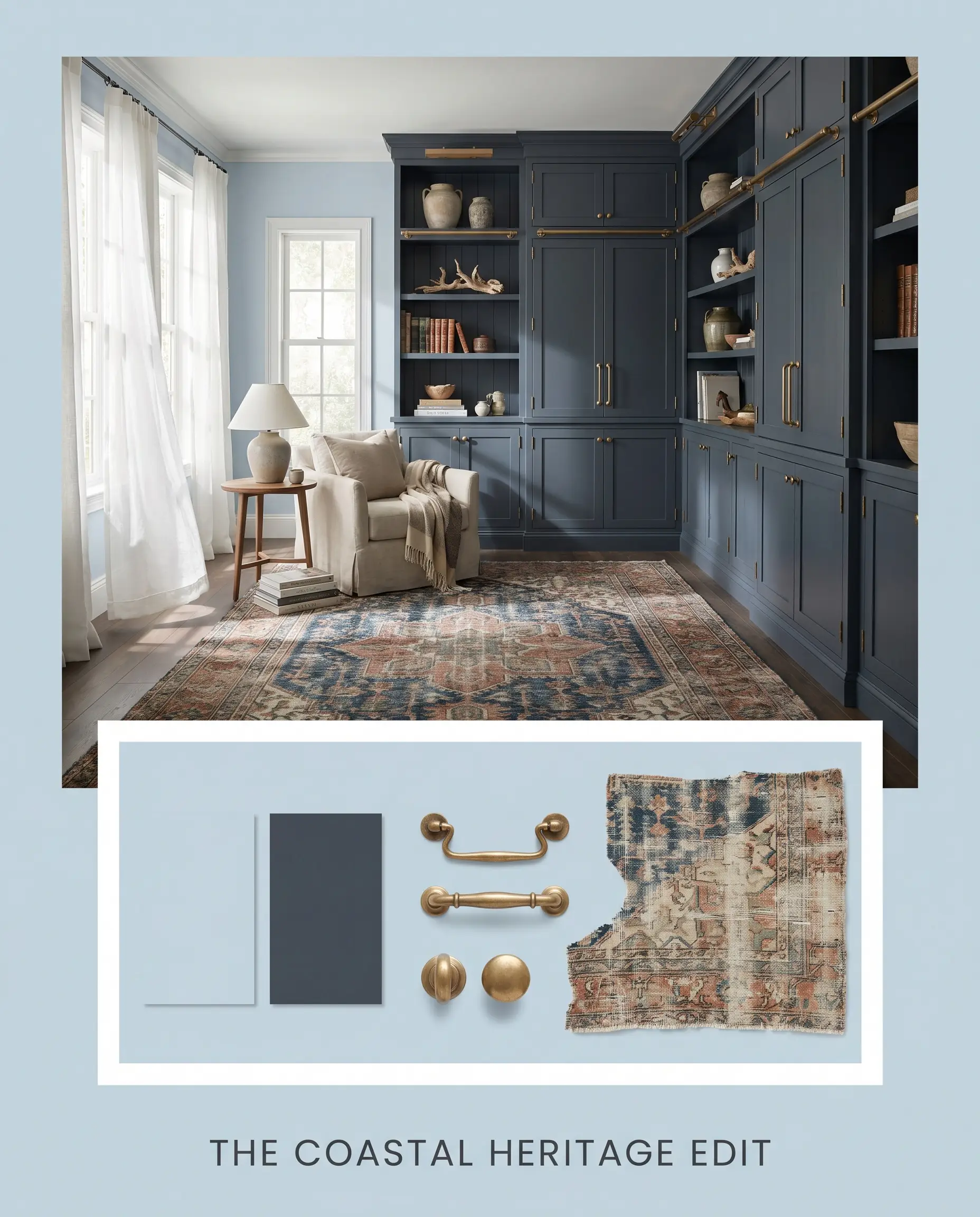 An editorial flat-lay showcases Dulux Mineral Mist (Hex #C3D8E3) alongside navy blue cabinets, unlacquered brass pulls, and a distressed Persian rug textile.
