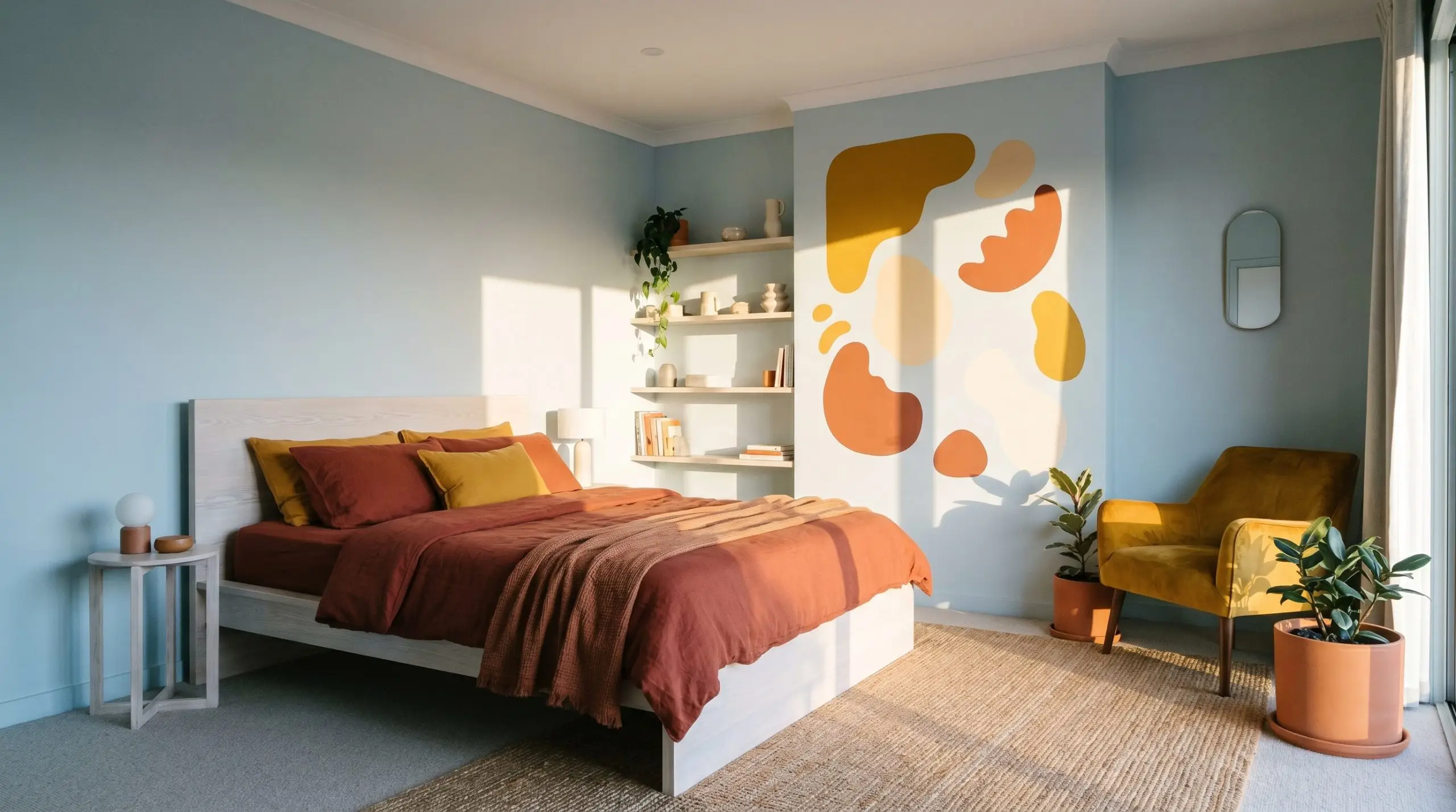 A whitewashed ash wood bed frame pairs with rich mustard yellow accents and deep terracotta textiles against airy cyan undertone walls.