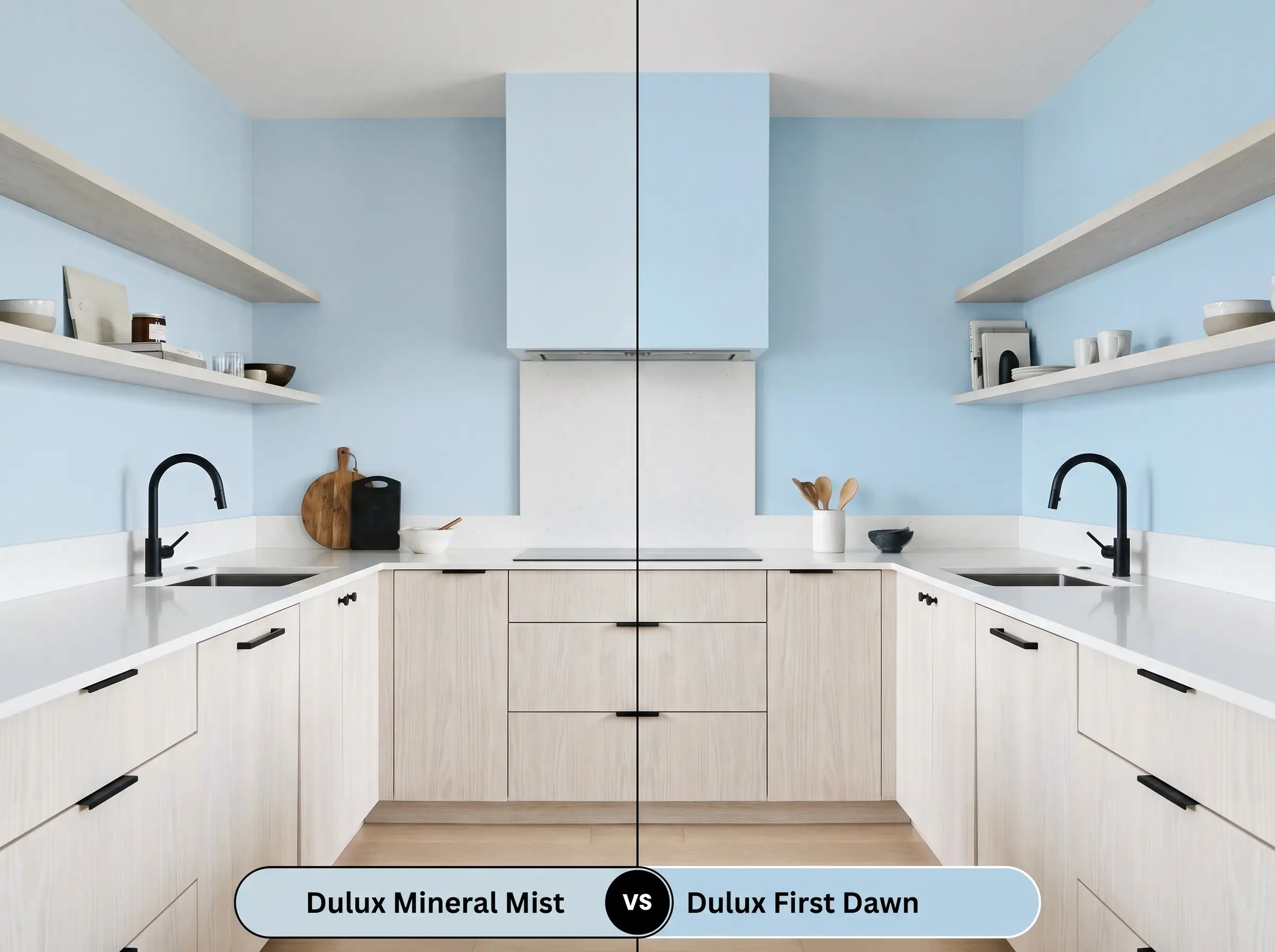 A side-by-side split-screen comparison of Dulux Mineral Mist on the left and Dulux First Dawn on the right, shown in a modern kitchen with whitewashed ash wood cabinets.