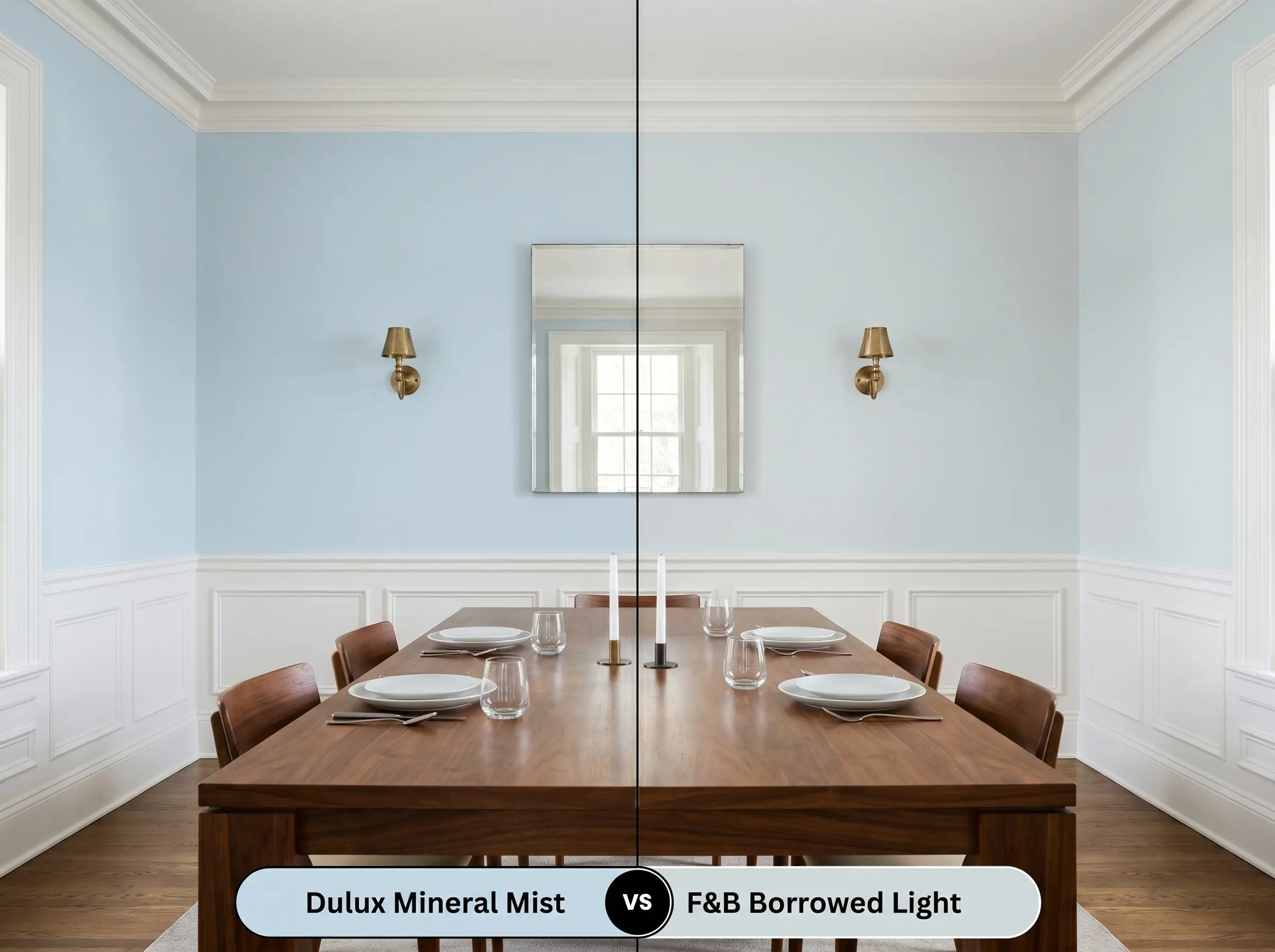 A side-by-side split-screen comparison of Dulux Mineral Mist on the left and Farrow & Ball Borrowed Light on the right, shown in a historic dining room featuring classic wainscoting.