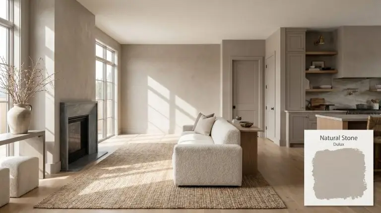 An open-plan living room painted in Dulux Natural Stone (Hex #aea195) features a honed soapstone fireplace, white oak flooring, and a cream bouclé sofa.