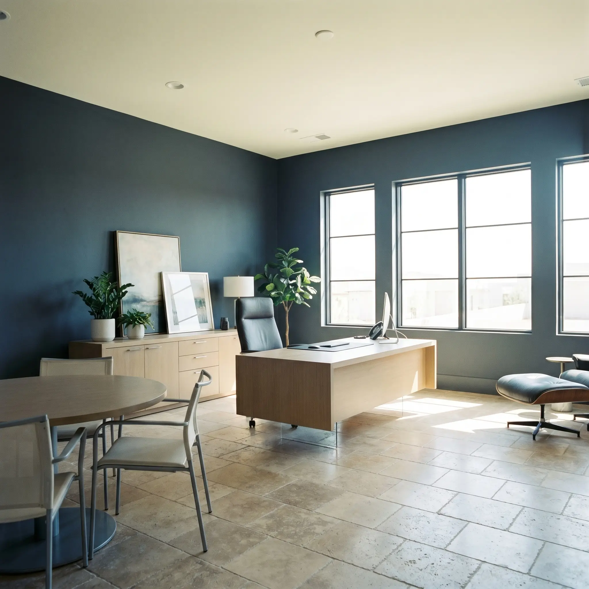 Lightweight modern desk furniture sits on tumbled travertine flooring inside a transitional executive office enveloped in deep indigo-blue walls.