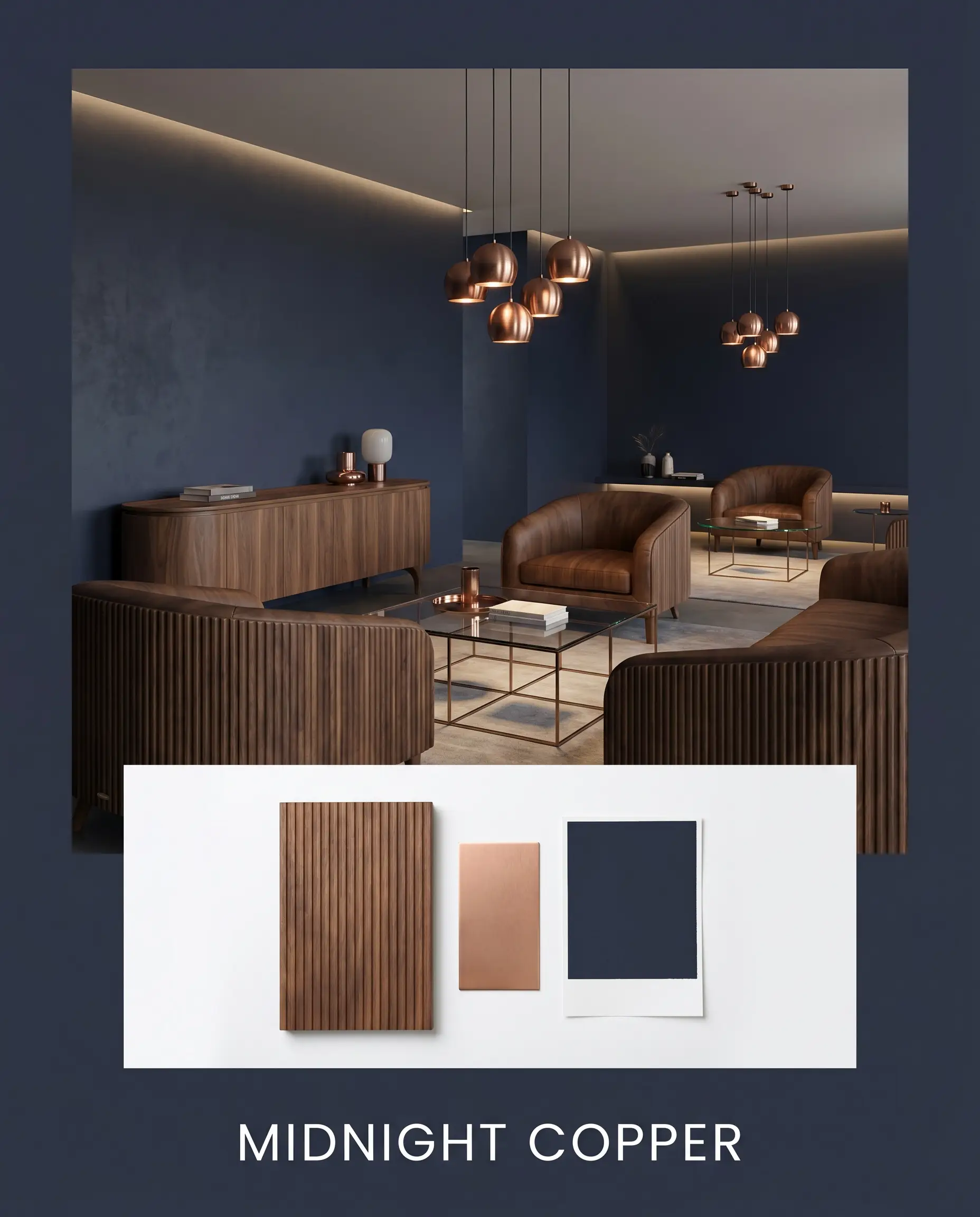 A physical flat-lay of fluted walnut wood and brushed copper metal sits below a sophisticated modern lounge enveloped in deep indigo-blue.