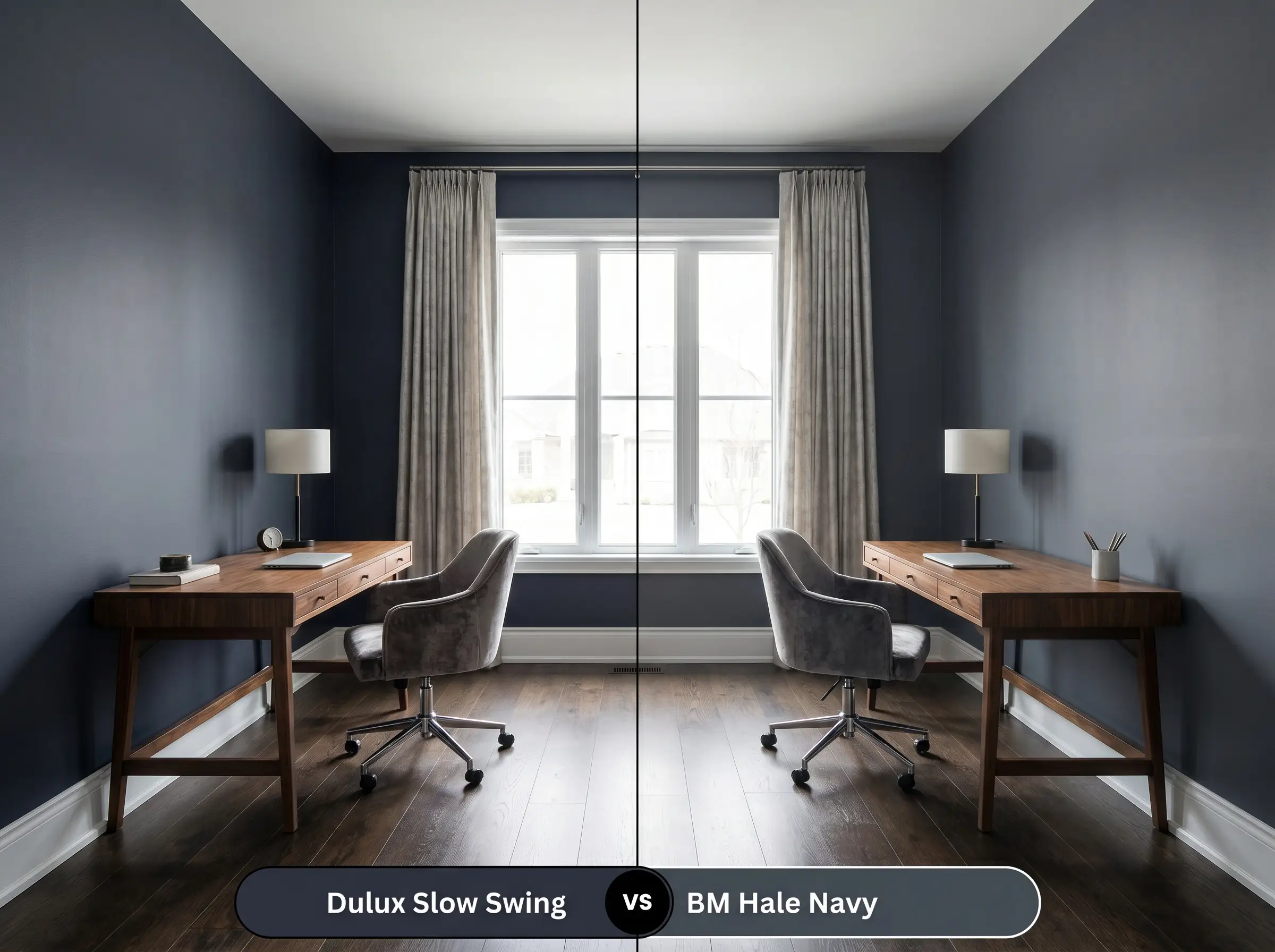 A side-by-side split-screen comparison of Dulux Slow Swing on the left and Benjamin Moore Hale Navy on the right, shown in a transitional home office.