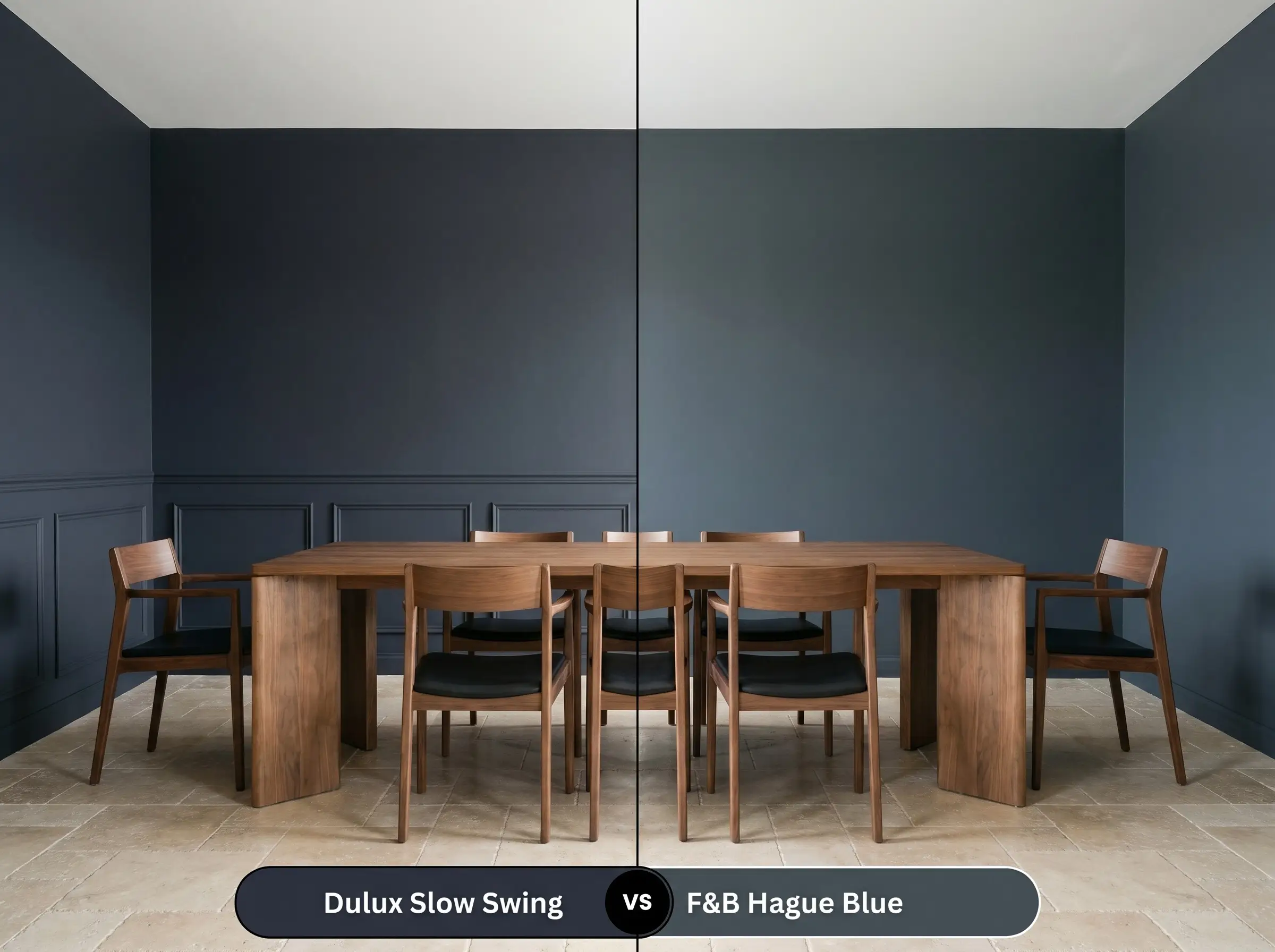 A side-by-side split-screen comparison of Dulux Slow Swing on the left and Farrow & Ball Hague Blue on the right, shown in a modern dining room with wainscoting.