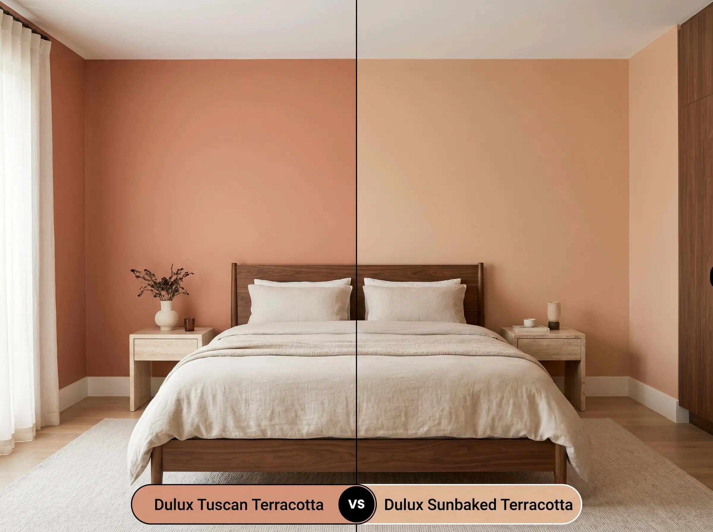 A side-by-side split-screen comparison of Dulux Tuscan Terracotta on the left and Dulux Sunbaked Terracotta on the right, shown in a symmetrical Mediterranean bedroom with a walnut bed.