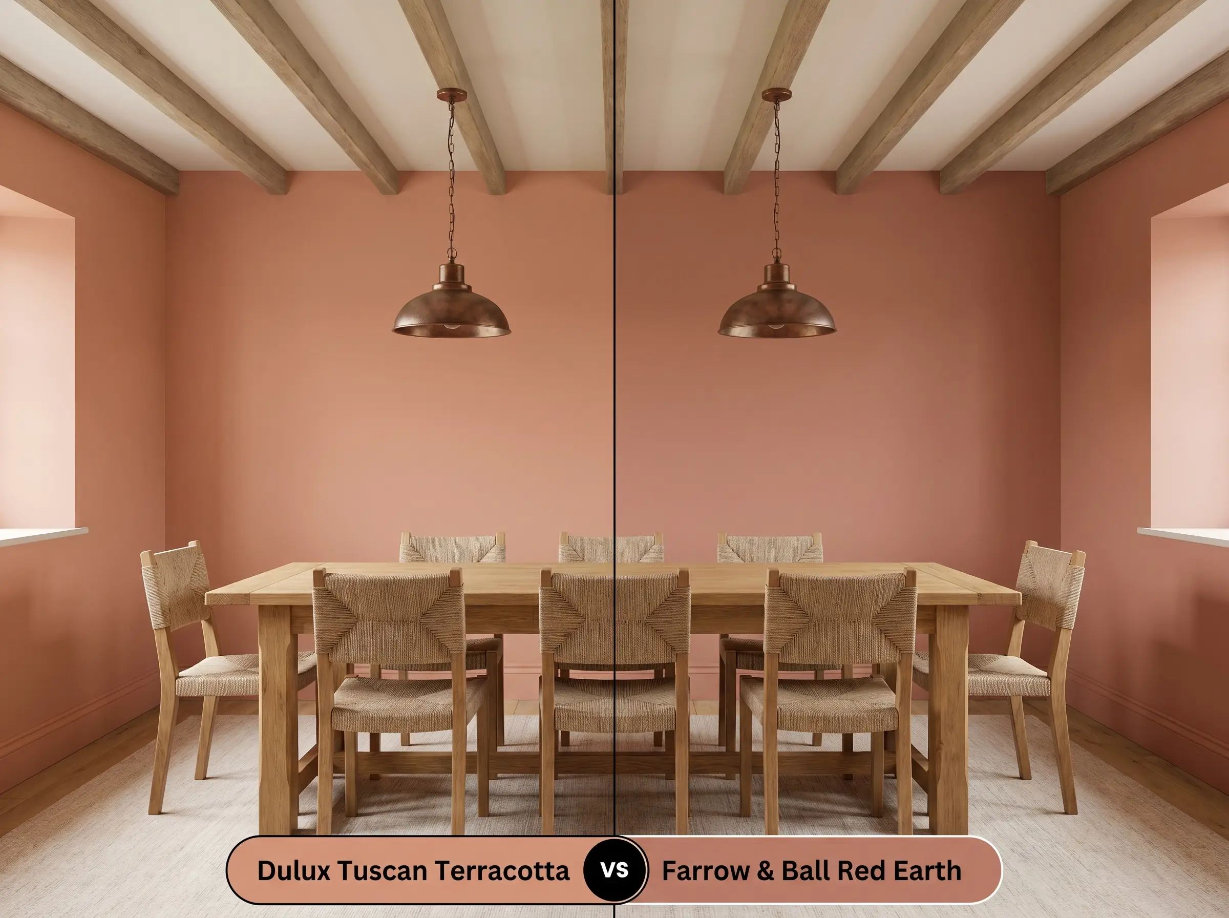 A side-by-side split-screen comparison of Dulux Tuscan Terracotta on the left and Farrow & Ball Red Earth on the right, shown in a symmetrical rustic dining room with an oak table.