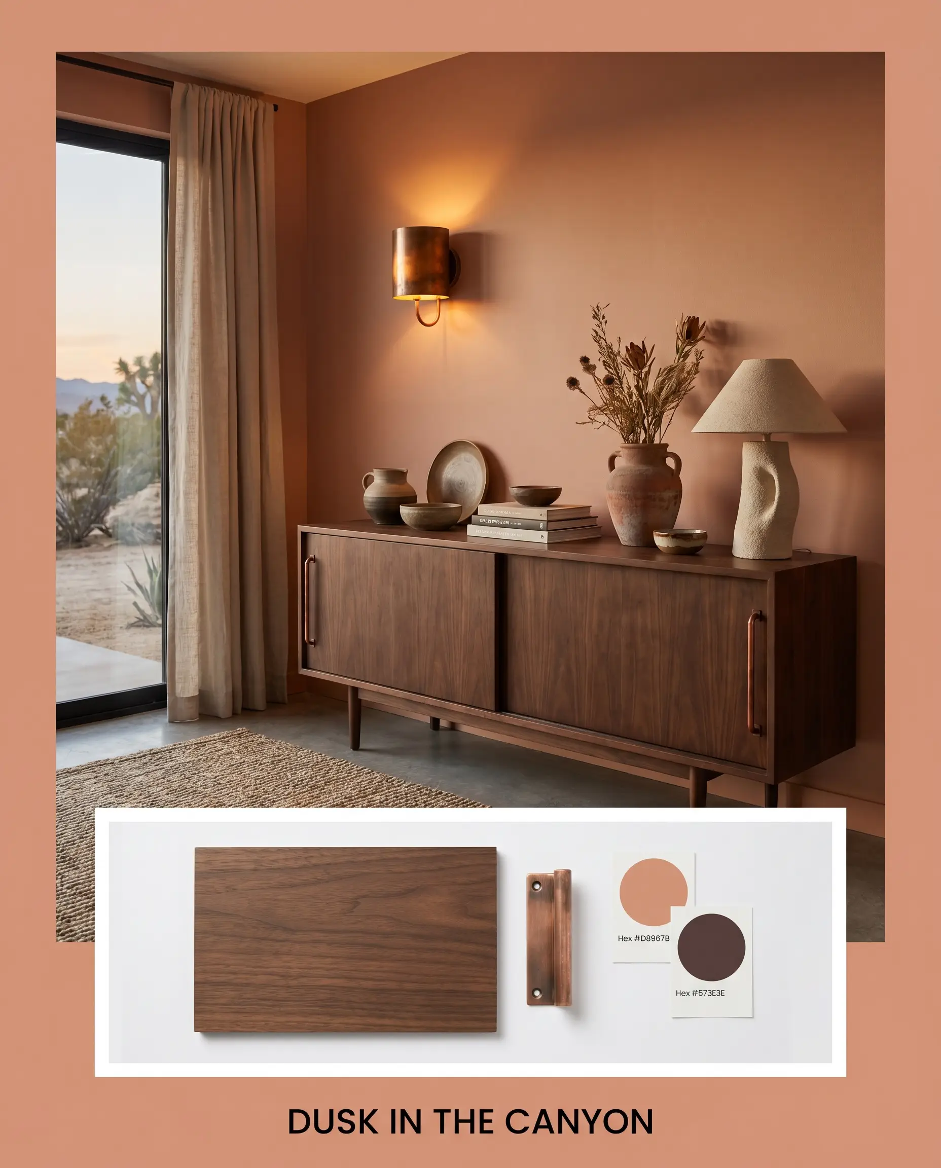 A desert modern living room vignette with a walnut veneer credenza sits above a flat-lay featuring aged copper hardware and deep earthy brownish-orange paint swatches.