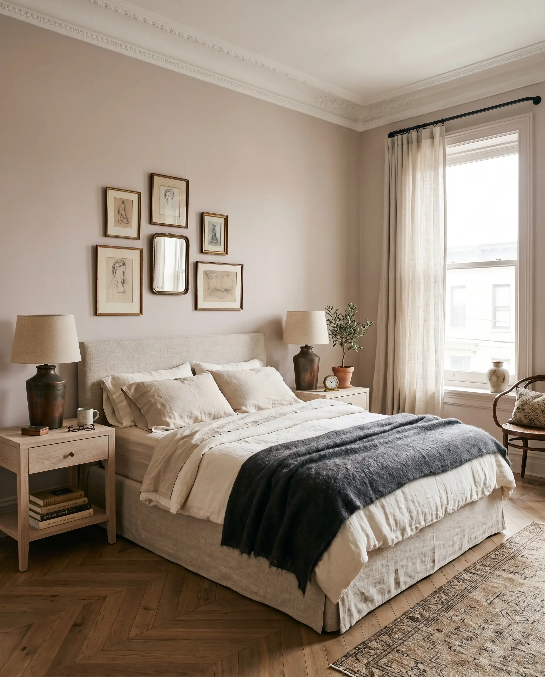 A slipcovered linen bed frame and bleached oak nightstands anchor a serene primary bedroom wrapped in dusty mauve walls and matte black steel hardware.