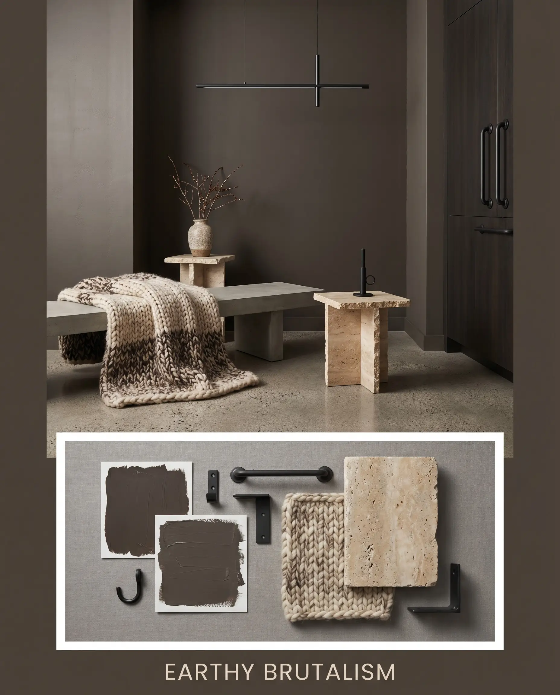 A structural modern space with tumbled travertine side tables sits above a flat-lay containing a chunky wool swatch, travertine slab, and matte black hardware.