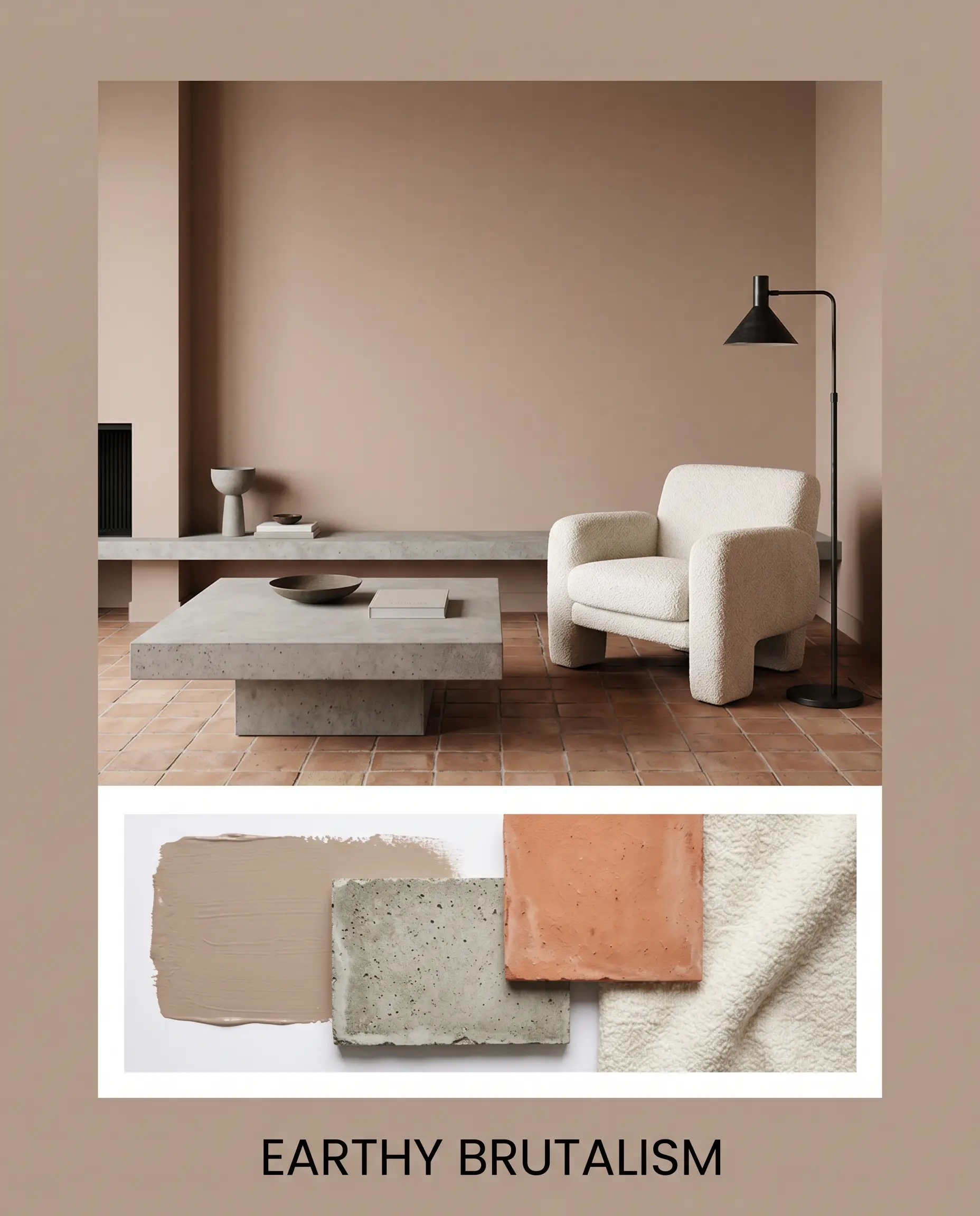 An oversized concrete coffee table, tumbled terracotta floor tiles, and a chunky off-white boucle armchair form a stark, highly textural living space palette.