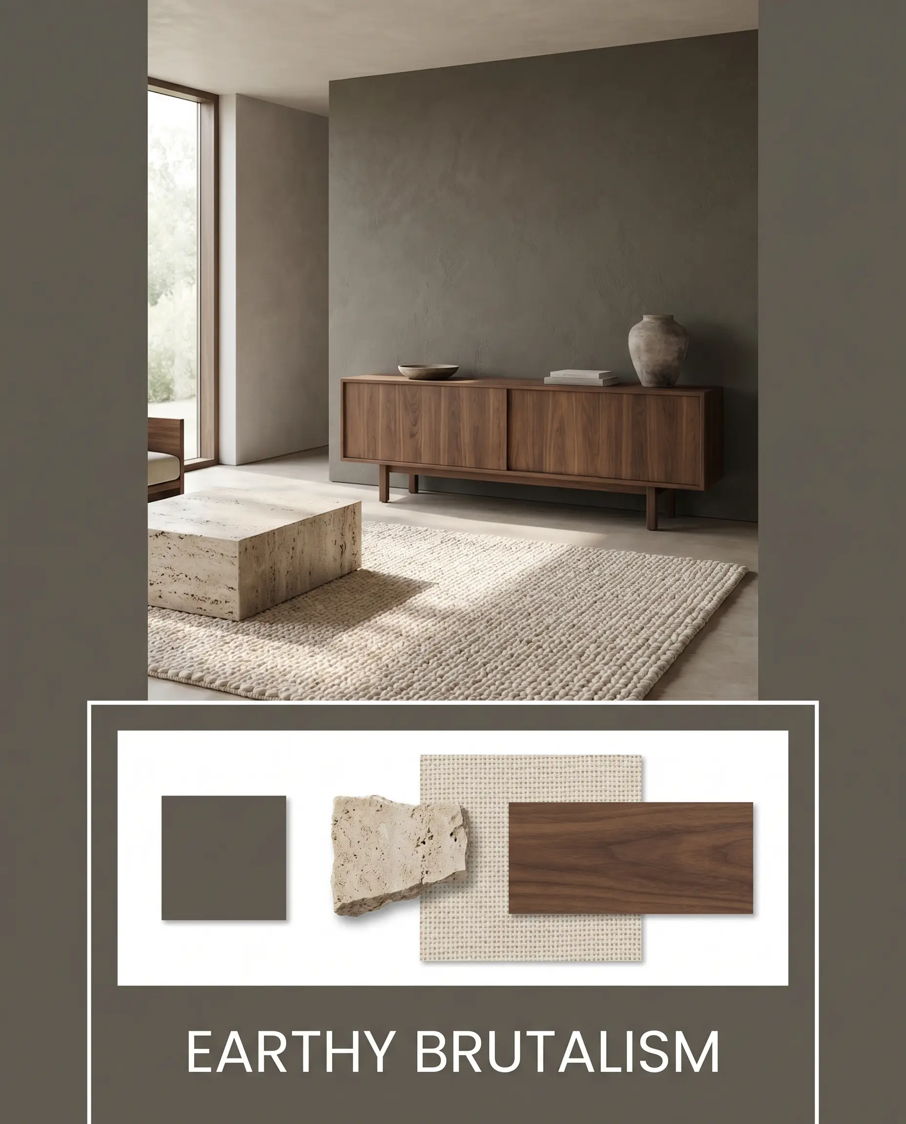 An editorial concept board features an earthy brutalist living room with a low-profile walnut credenza above a flat-lay of raw matte travertine and unbleached cotton.
